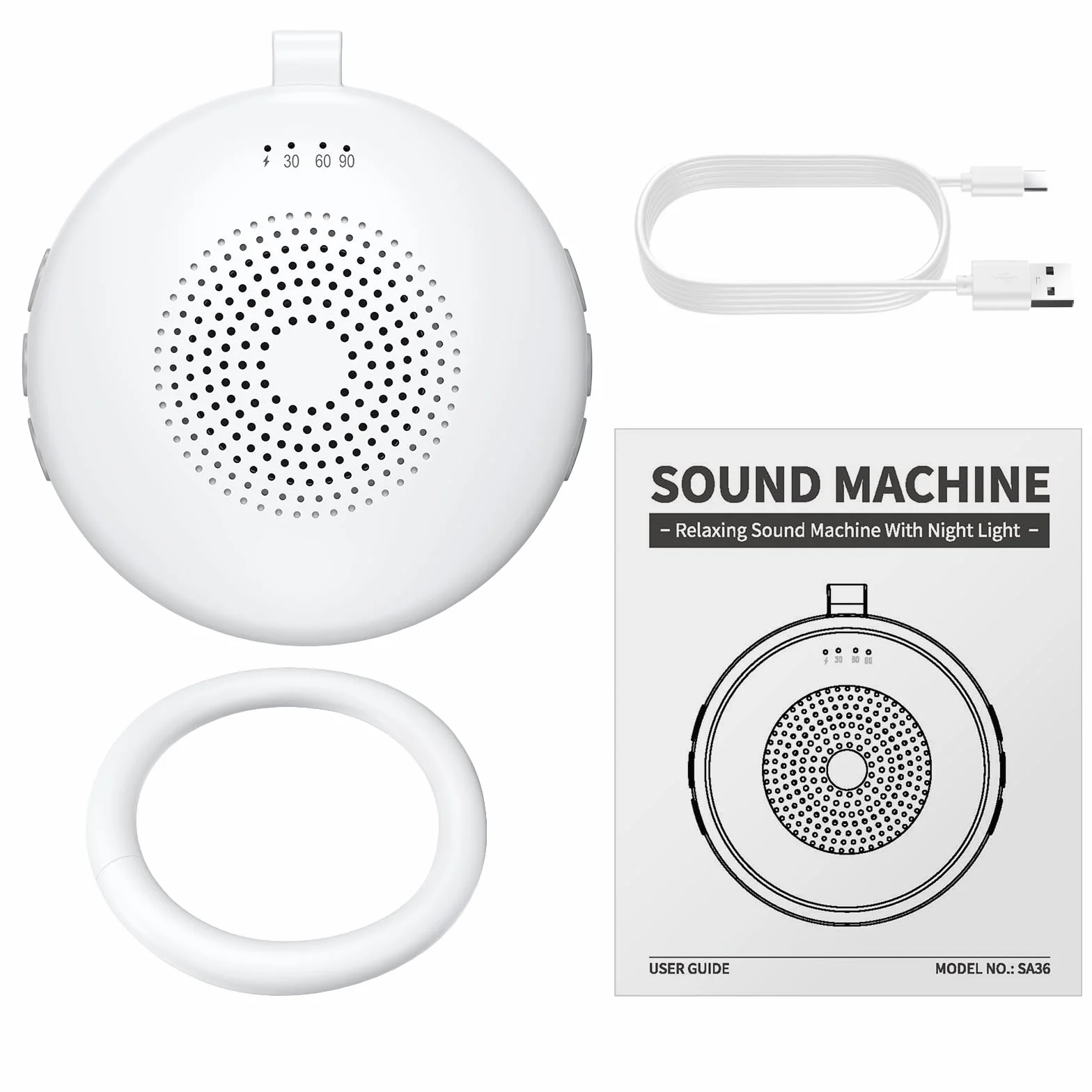 Máquina de Ruido Blanco para Dormir Bebé, Sonido Portátil con 12 Sonidos Relajantes, Luz Nocturna 6 Velocidades, Memoria y 3 Temporizadores