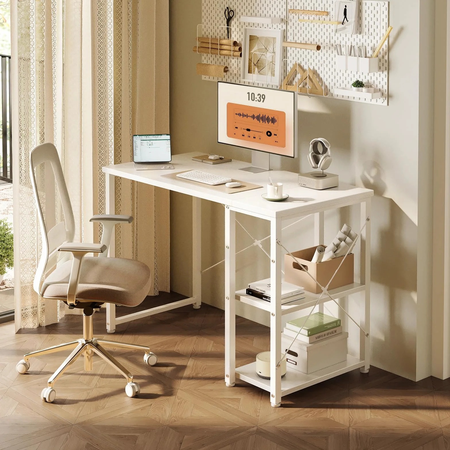 ODK Escritorio con Estantería Reversible, 100x48cm Mesa Escritorio con Estantes de Almacenamiento, Mesa Oficina Mesa Ordenador para en Casa, Estudio y Gaming, Blanco