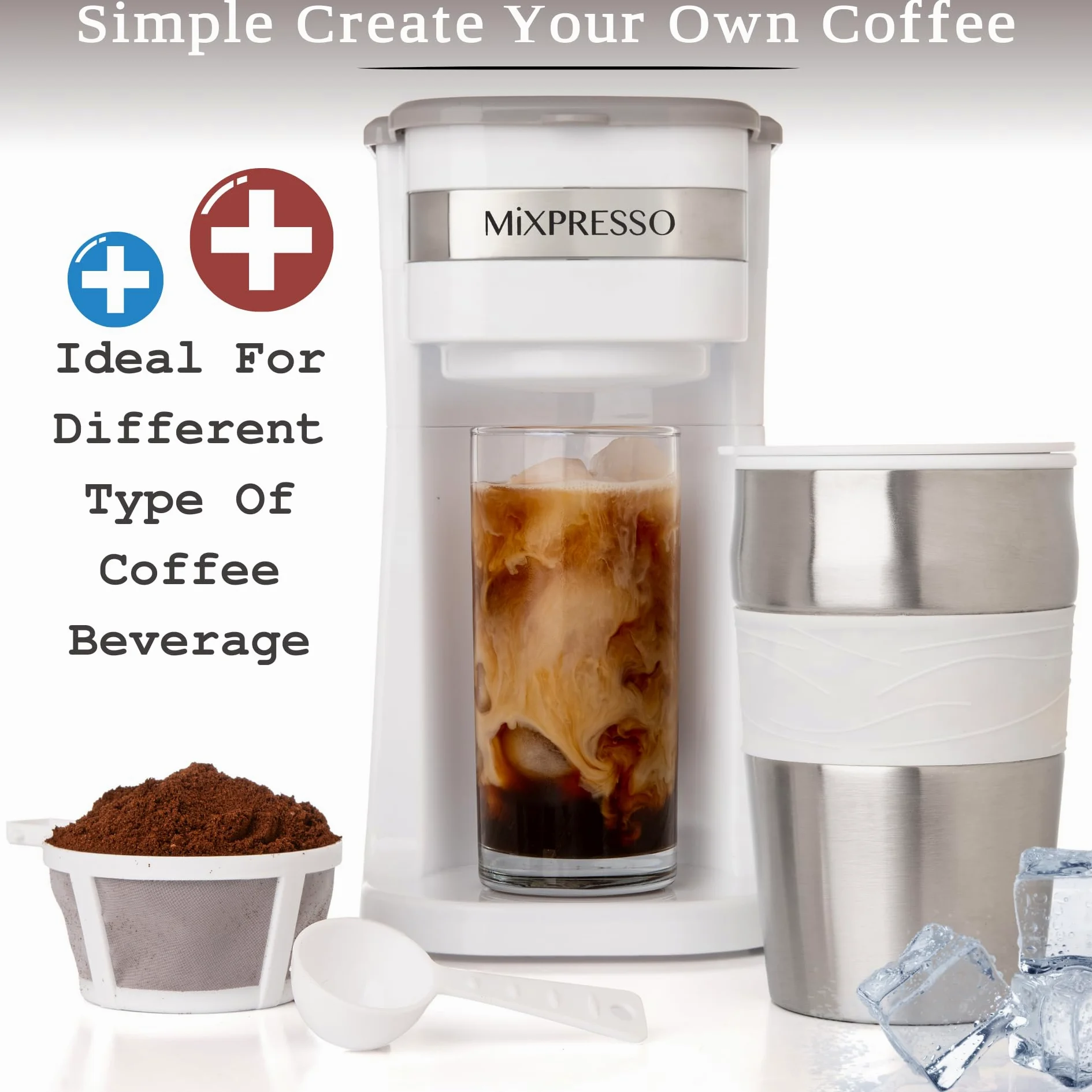 Mixpresso Cafetera personal blanca de una sola porción con taza de viaje de 14 onzas, cafetera pequeña de goteo con apagado automático, filtro reutilizable, funciona solo con café molido, no para
