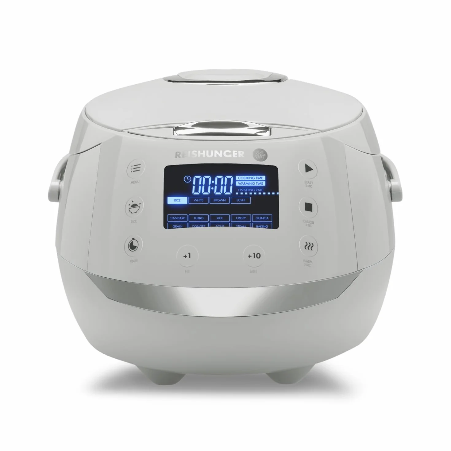 REISHUNGER Olla Arrocera Eléctrica y Vaporera – 1,5 L – Gris | hasta 8 personas – Temporizador y recipiente interior Premium – Olla multifunción, 12 programas, tecnología de 7 fases