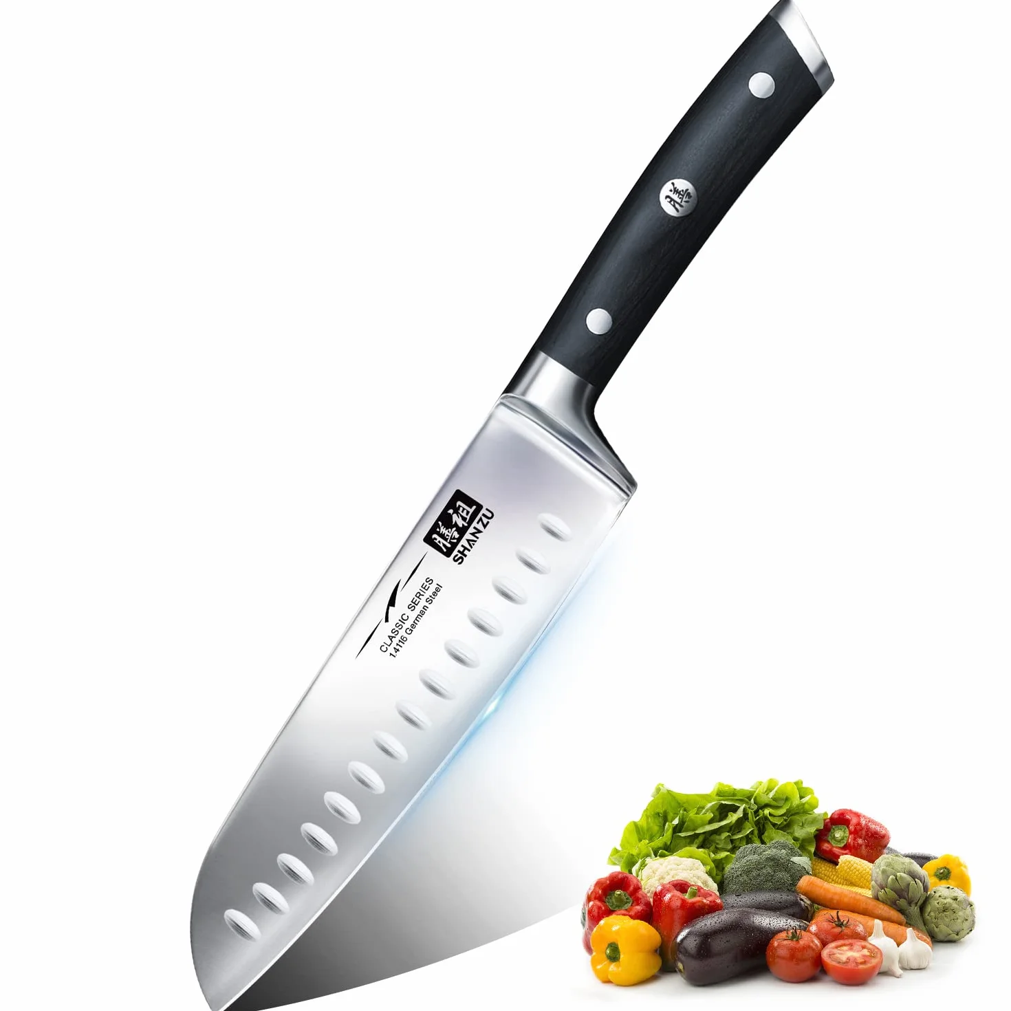 SHAN ZU Cuchillo Santoku Japones, Cuchillos de Cocina Profesionales 18cm, 7 ''Cuchillo Chef de Acero Inoxidable Alemán de Alto Carbono, Cuchillos Cocinero para Frutas, Verduras, Carne