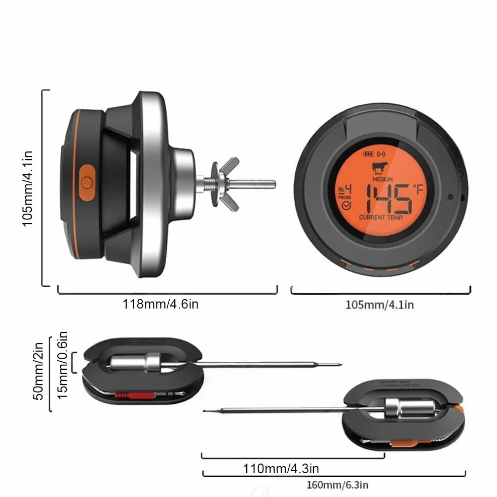 Termómetro inalámbrico para carne con 4 sondas, parrilla digital para cocinar, termómetro de alimentos de acero inoxidable, control de aplicación de largo alcance (termómetro+2 sondas)