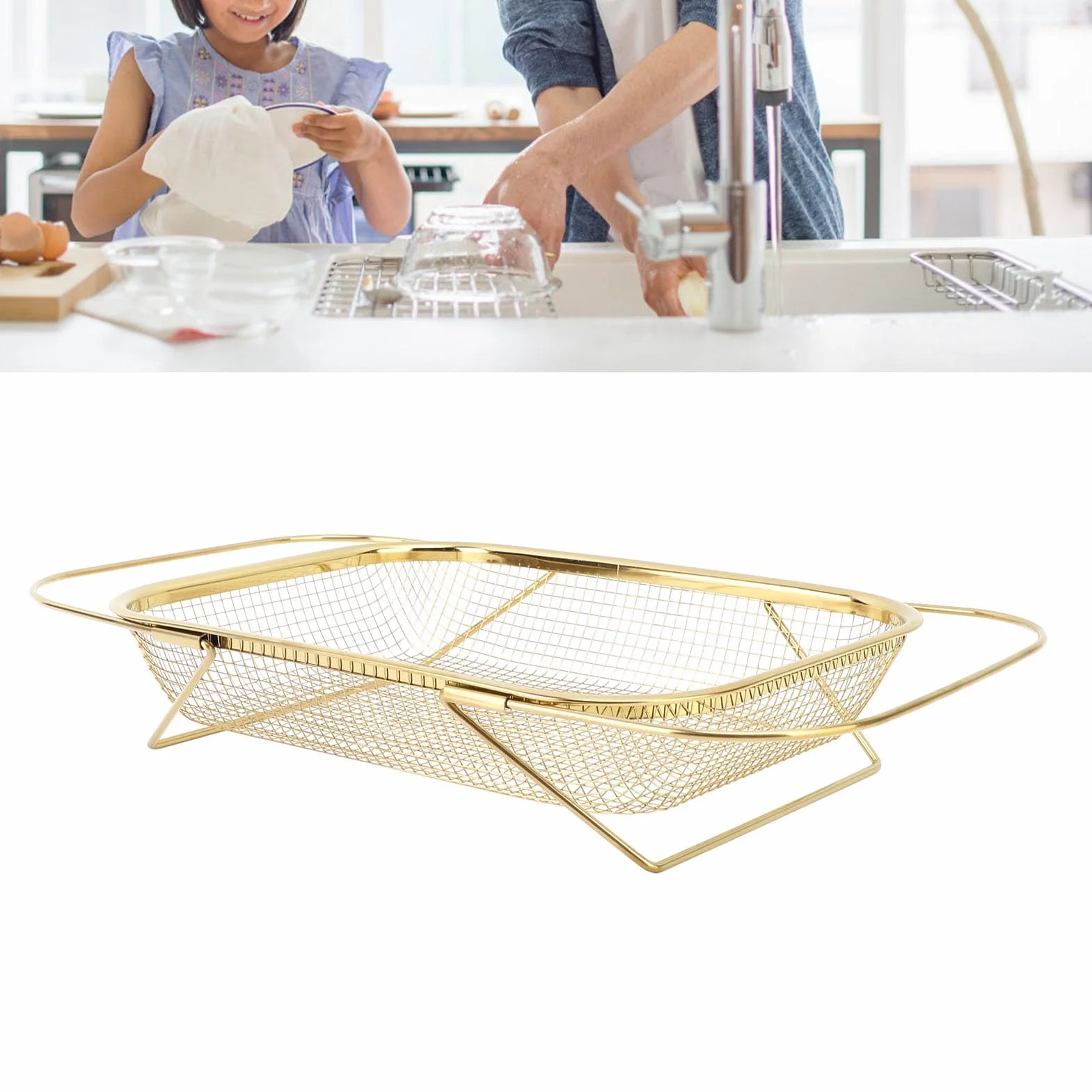 Colador grande extensible de acero inoxidable sobre el fregadero, cesta de malla fina para fregadero de cocina, con asas, fácil de y almacenar, preparación de cocción eficiente (dorado)