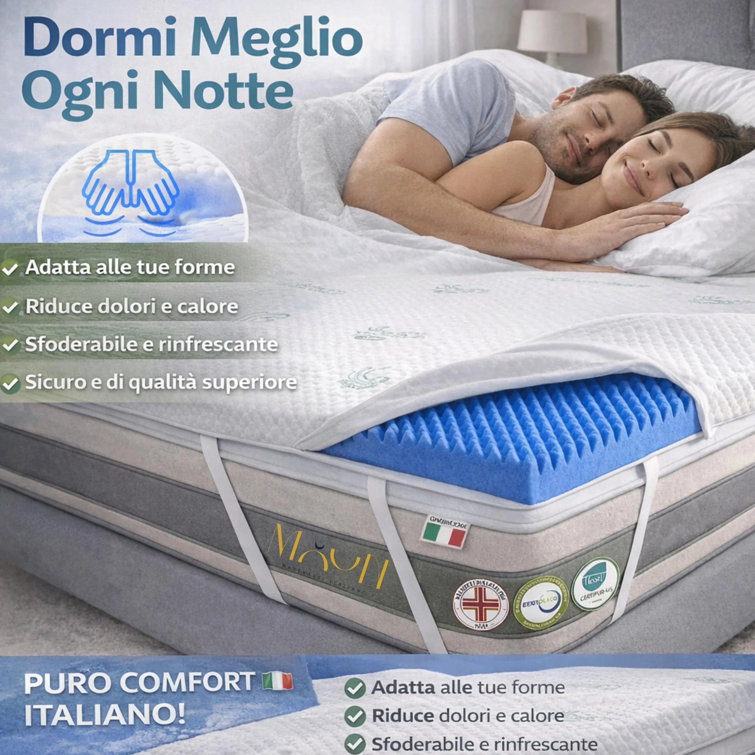 Cubrecolchón de plaza y media, 110 x 190 cm, desenfundable, de espuma viscoelástica de 8 cm de alta densidad – Corrector de colchón Bugnato transpirable con revestimiento de aloe vera – Refrescante