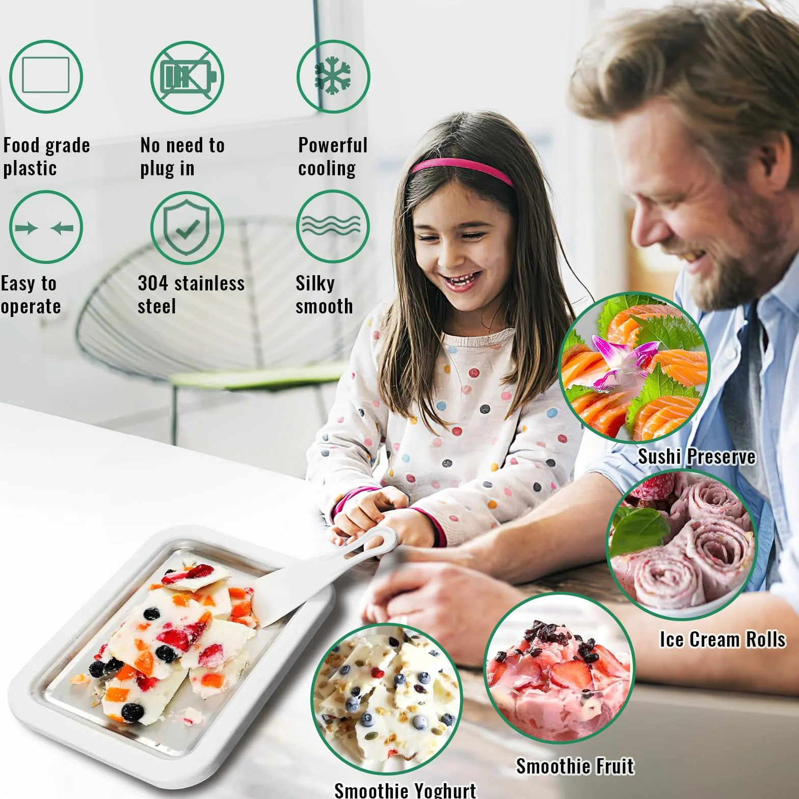 Fabricante de Helados, ZoneYan Heladera Instantánea con 2 Espátulas, Máquina para Hacer Helados en Rollo, Placa de Hielo para Helados, Plancha para Hacer Helado para Sorbete, Gelato, Yogur Helado