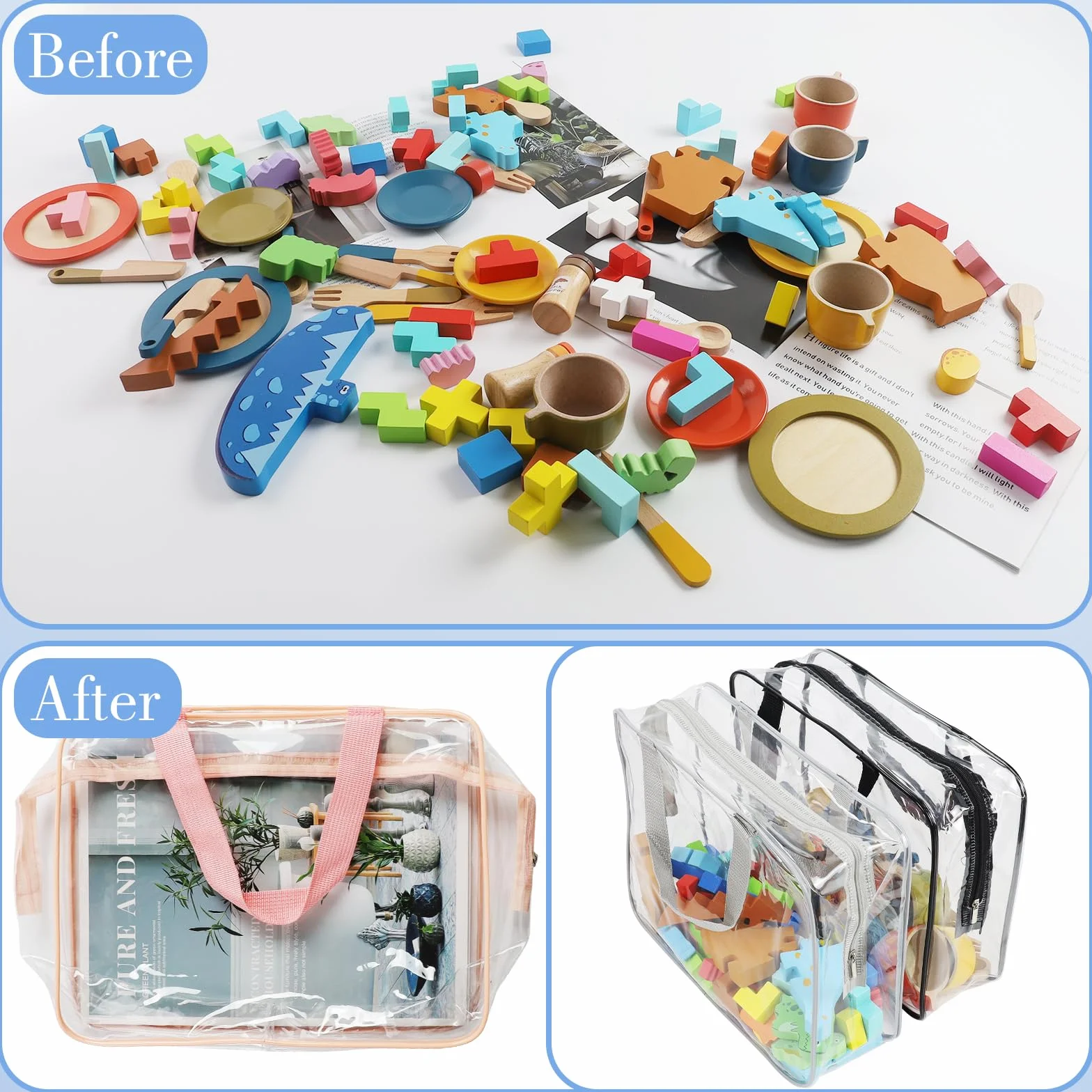 8 bolsas grandes transparentes de almacenamiento de juguetes con cremallera, reutilizables, de PVC, impermeables, organizadoras de juguetes con asa portátil para bloques de construcción, rompecabezas
