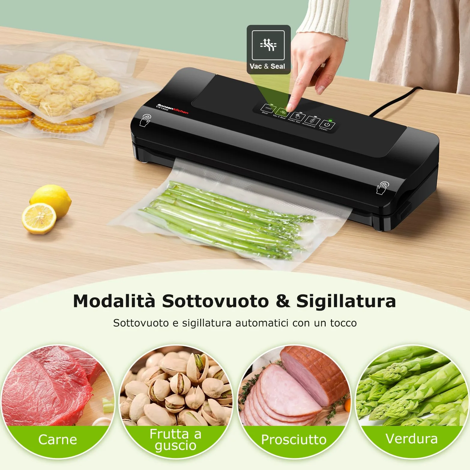 Bonsenkitchen Envasadora al Vacío, Máquina Envasadora al Vacio Domestica Rápida y Compacta, Alta Velocidad de Trabajo Continuo, incluye Bolsas de Vacío y Mangueras Accesorias