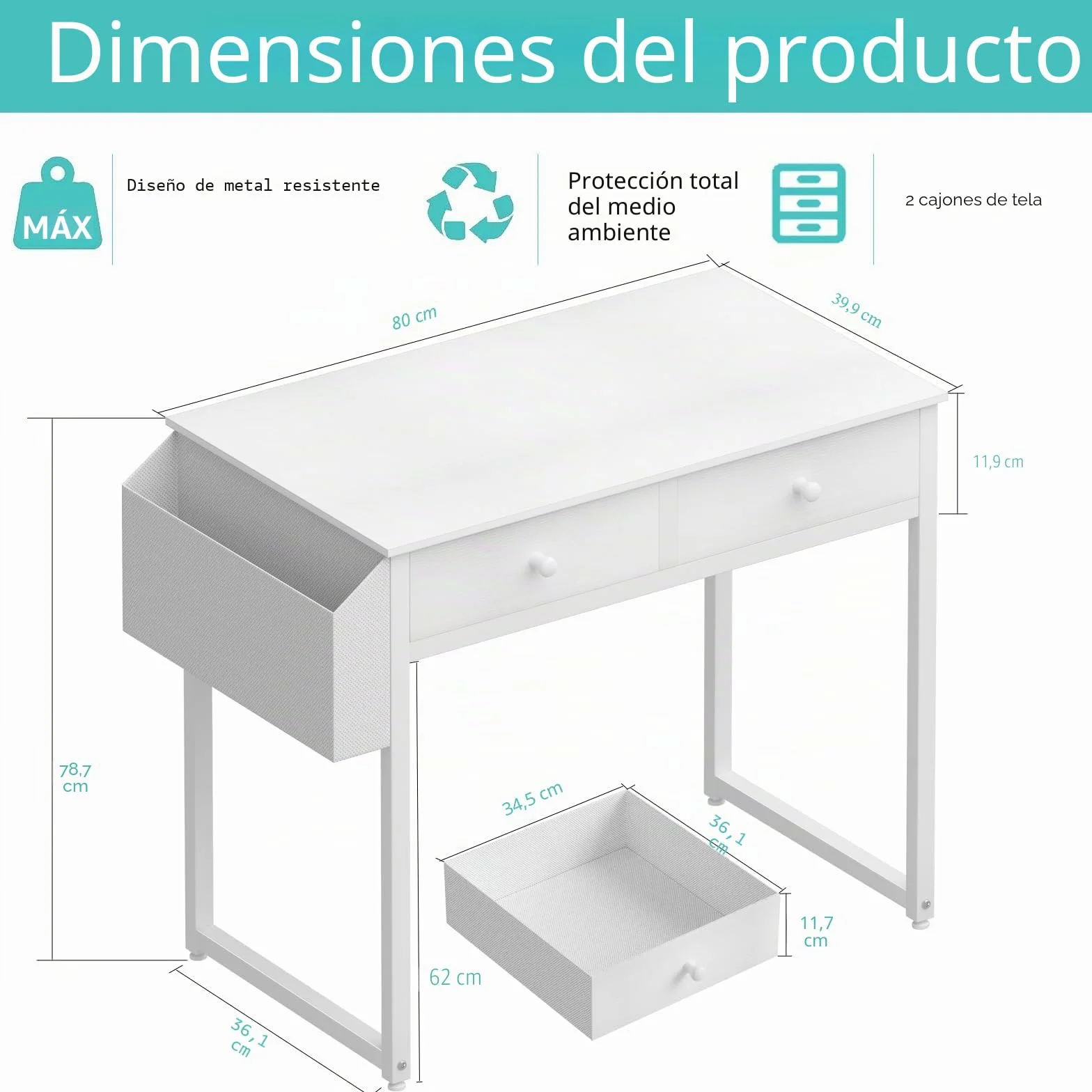 Lufeiya Mesa Escritorio Blanco con cajones, Escritorio Pequeño para Oficina Escritorio Ordenador casa de con cajón de Tela y Bolsa Mesa de Estudio para Espacios 80X40cm