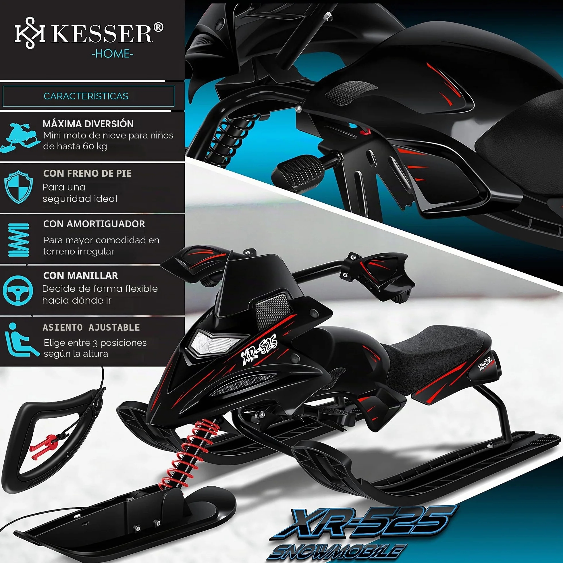 KESSER® Trineo de dirección con 2 Frenos de pie | Cuerda de tracción automática | Suspensión | Dirección de Deslizamiento | Bobsleigh Trineo Infantil Trineo | Trineo Skiboblenk