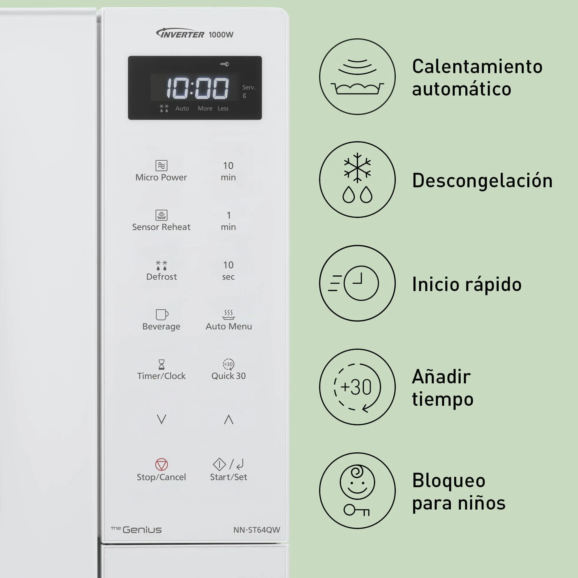 Panasonic NN-ST64QWEPG Microondas Solo Inverter 32L, 1000 Vatios Potencia, 20 programas automáticos, Función Quick 30, Control Táctil, Cocción Uniforme y Descongelación, Blanco