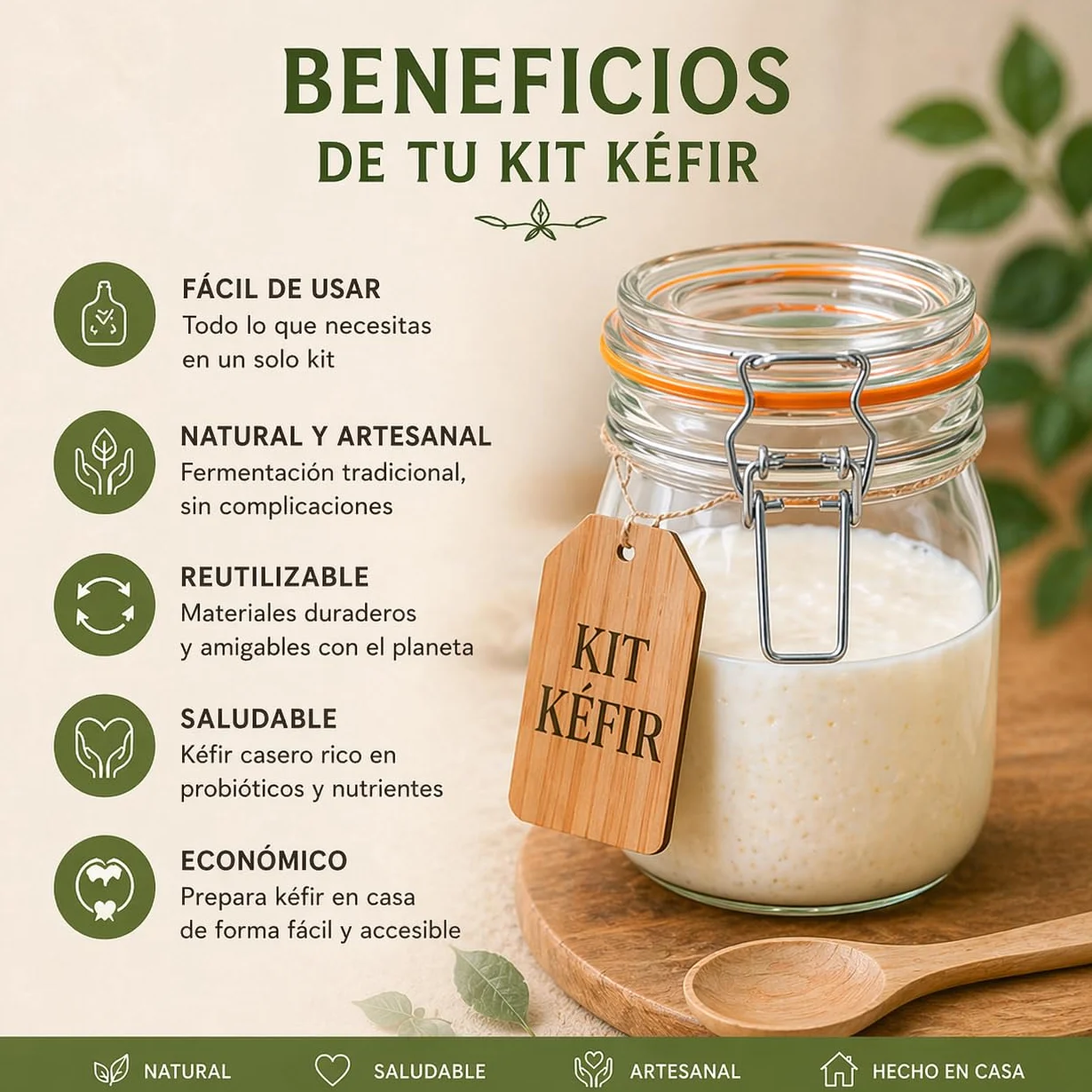Kit kefir casero - MAGIC RAINBOW - Tarro de cristal con tapa 750 ml colador plástico cuchara madera paño textil y caja de inicio para preparación doméstica - Sin kéfir incluido