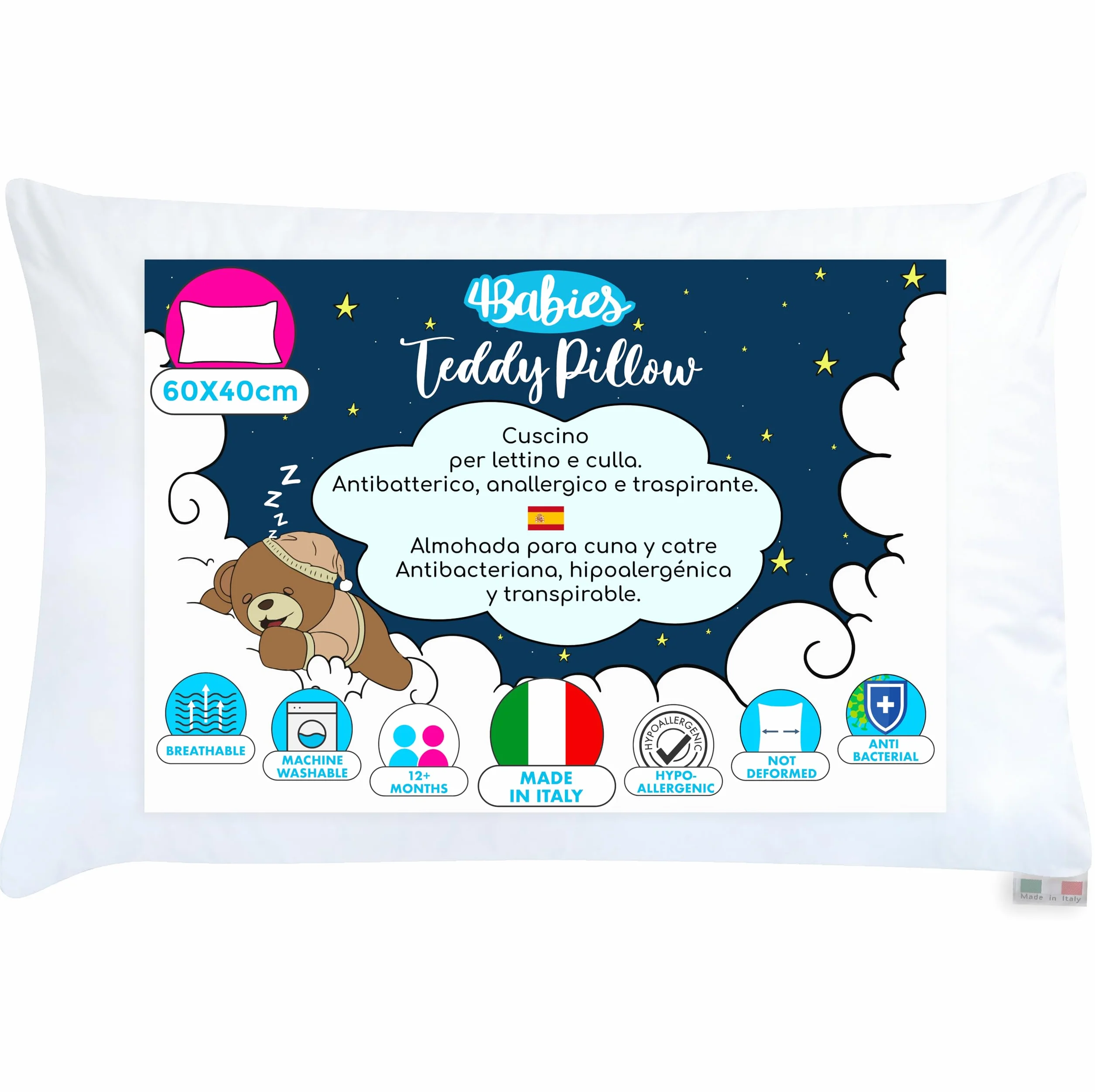 Almohada 40x60 Bebe Fibra Transpirable Hipoalergénico Forro 100% Algodón Italiano Antiácaros