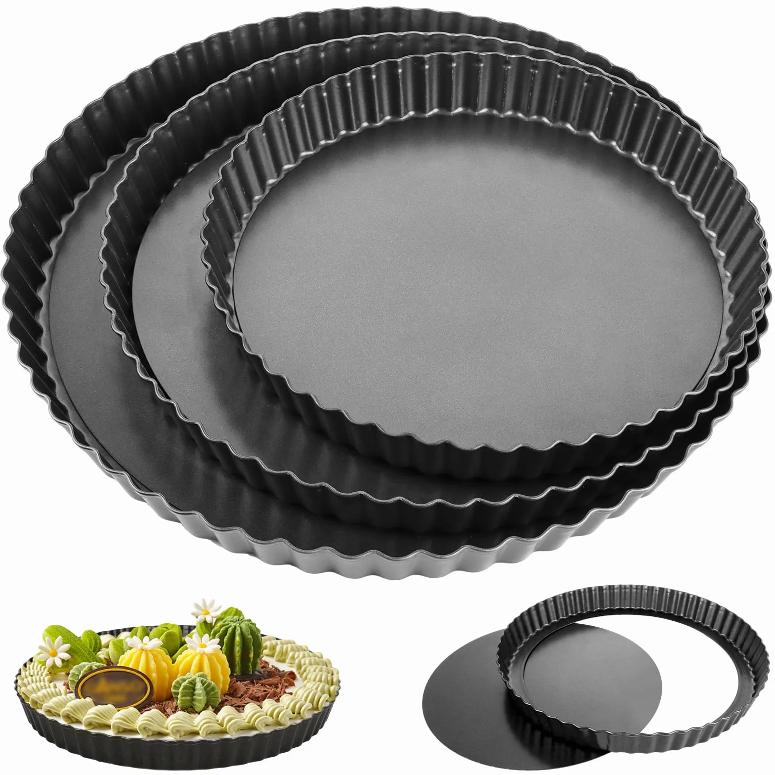 3 Piezas Moldes Reposteria Redondos 22 26 30 cm, Molde Tarta Desmontable Antiadherente, Molde Tarta Ondulado para Pizza Quiche Pasteles Caseros