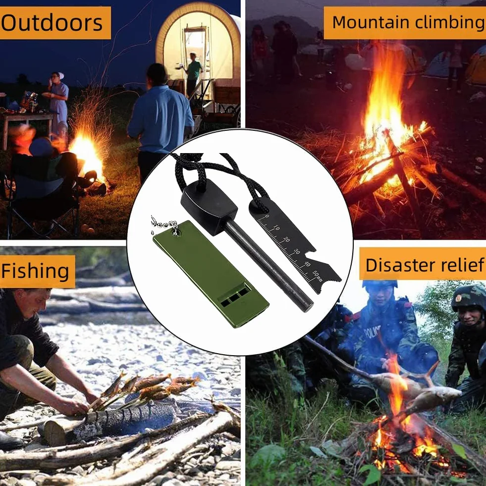 Pedernal Fuego Encendedor Ferrocerio Yesca Supervivencia Magnesio Mechero Arrancador de Piedra Lighter 20000 Chispas Silbato Raspador Camping Senderismo