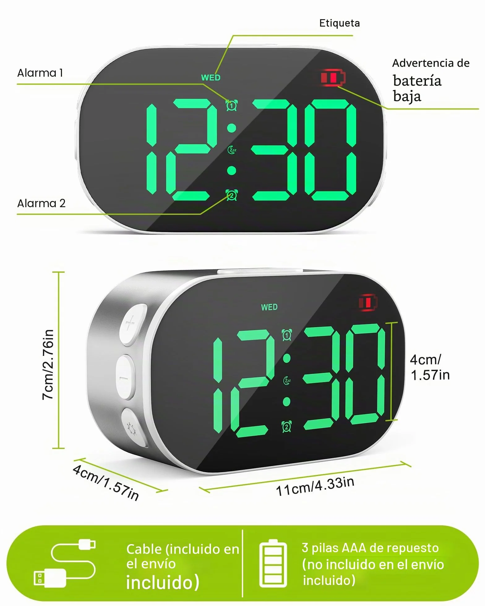 Reloj Despertador Digital de Mesita,Despertador de Aluminio con Números Grandes,Snooze,12/24H,para Dormitorio, Mesita de Noche y Viaje (Plateado)