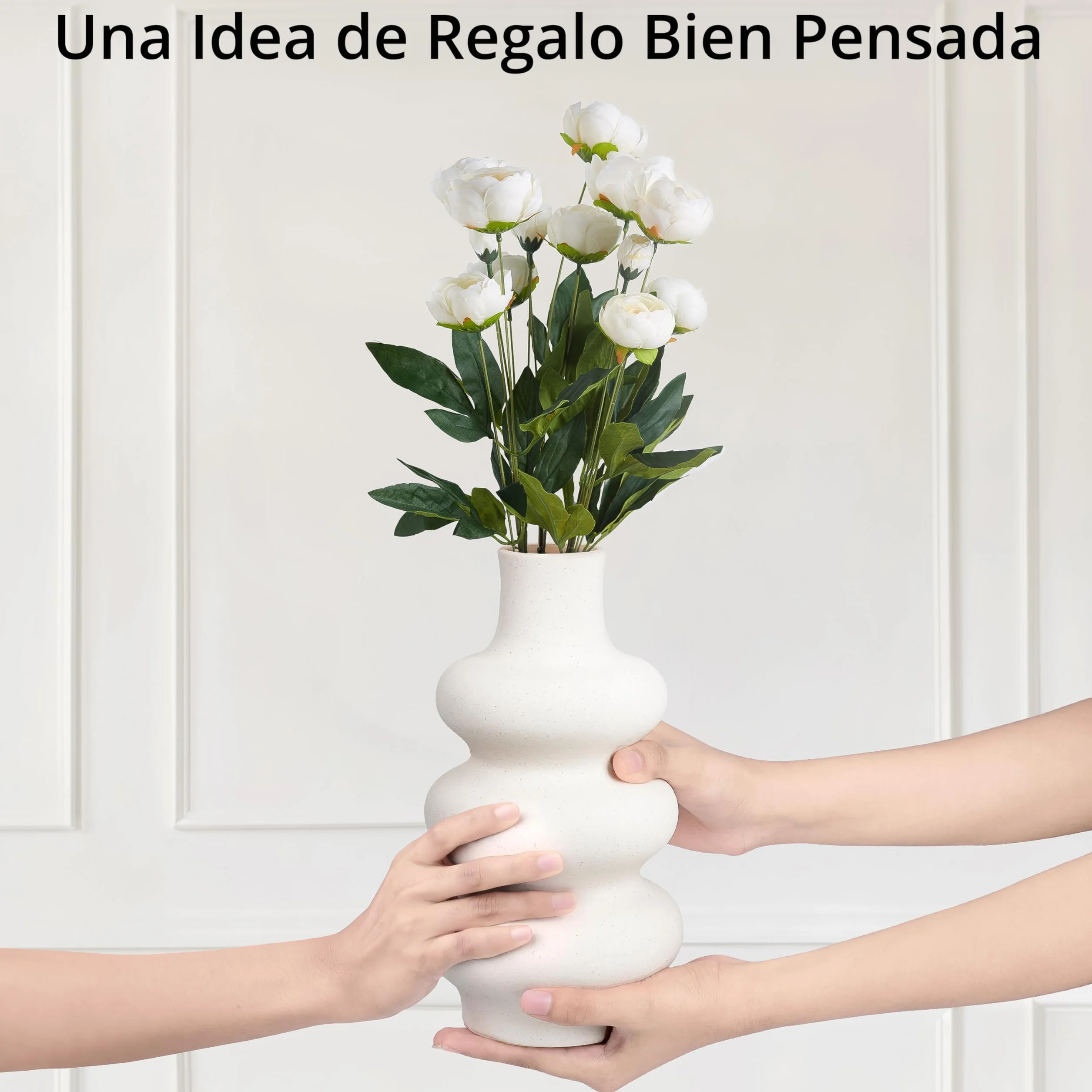 Winter Shore Jarron Ceramica Beige - Jarron Decorativos Modernos de 25 cm con Diseño de Donut Redondo - Jarrón Flores Secas, Pampas, Ramo Fresco para Oficina, Cenas, Centros de Mesa, Fiestas, Bodas