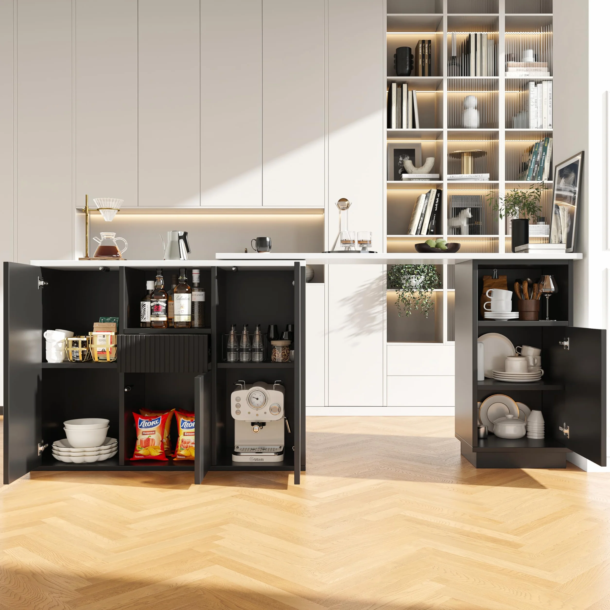 Giratorio de 360° comestible (90-198,5 x 30 x 75 cm), diseño moderno y sencillo, con espacio de almacenamiento abierto, isla de almacenamiento multifuncional, adecuada para cocina, salón y comedor