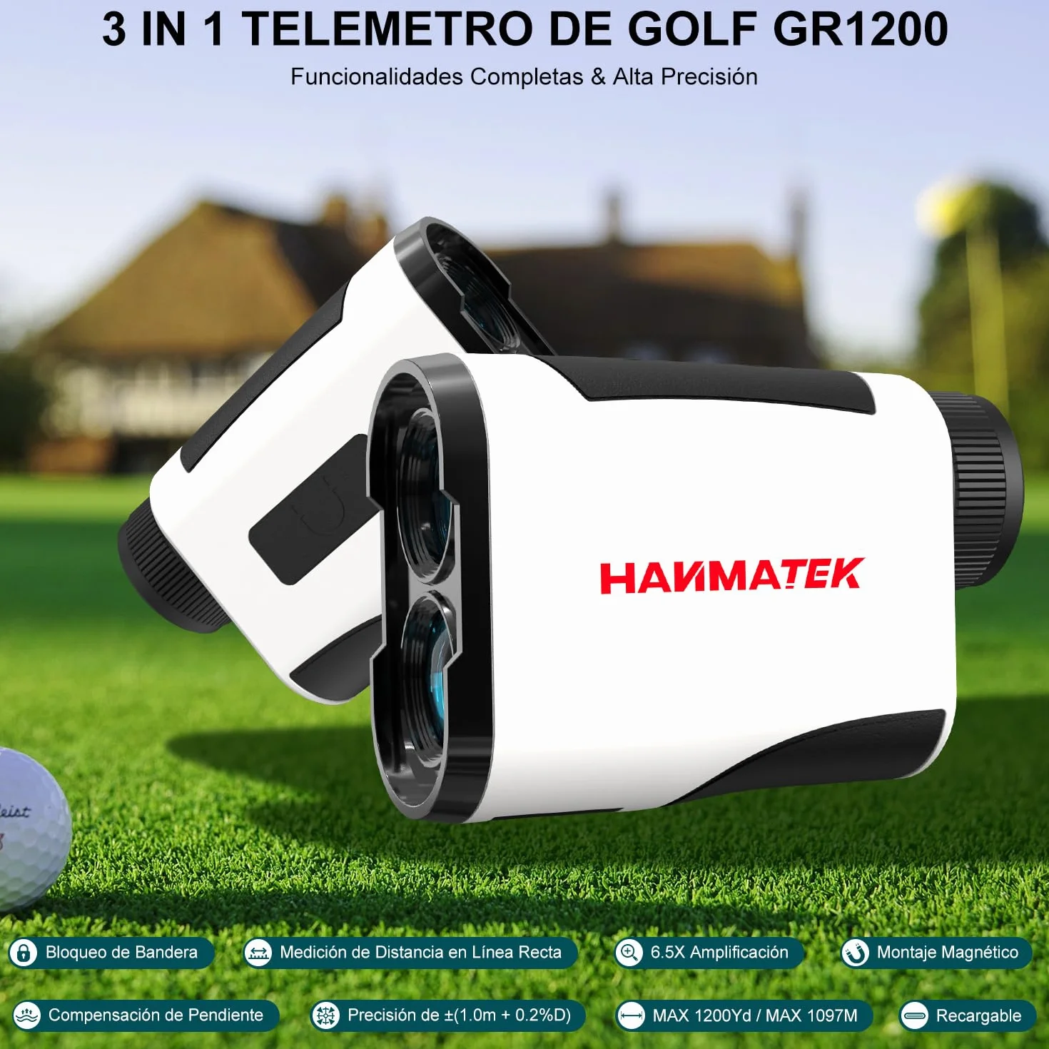 HANMATEK GR1200 Telémetro Láser de Golf 1097m 1200Y Precisión ±1.0m Magnificación 6.5X Compensación de Pendiente