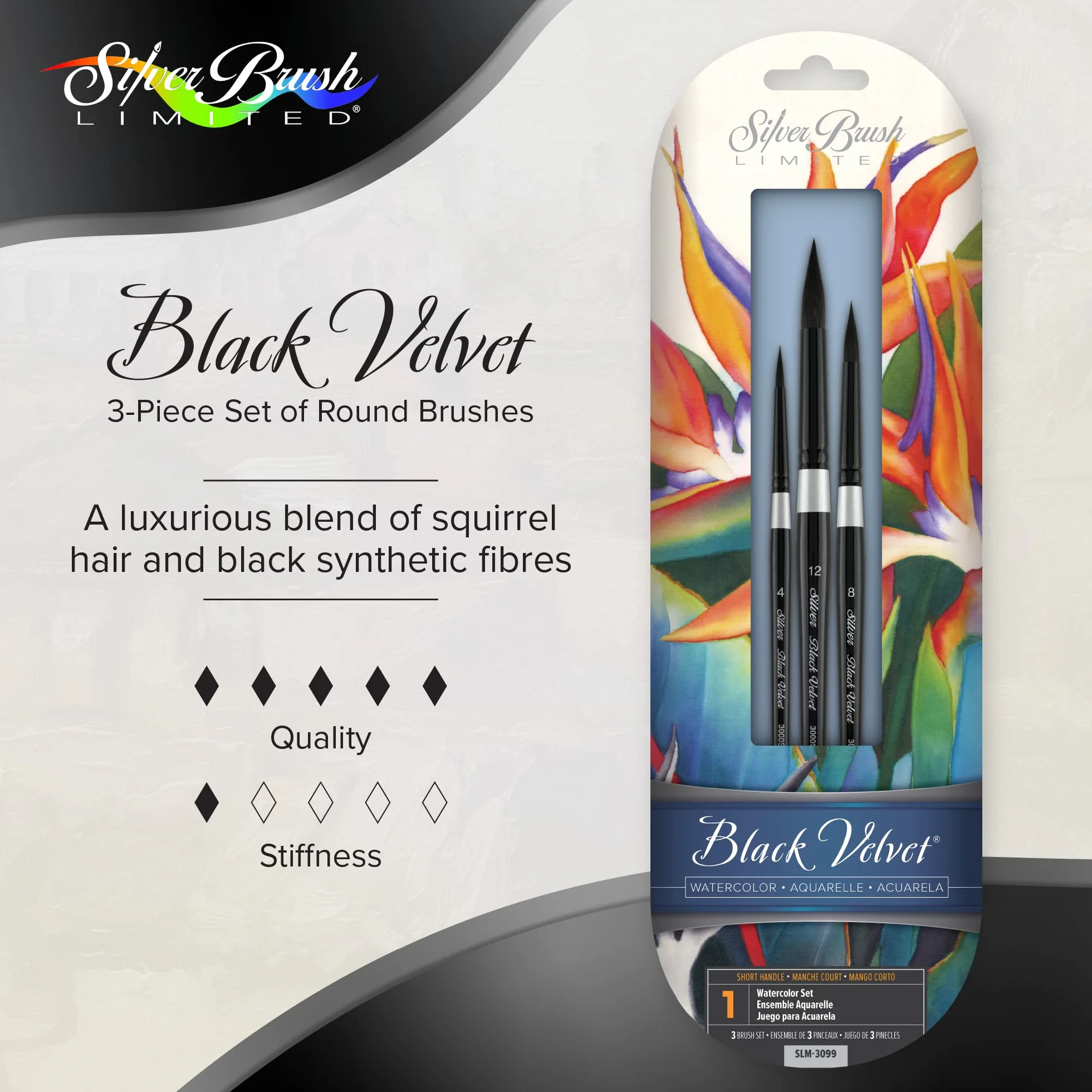 Silver Brush Limited SLM 3099 Susan Louise Moyer Basic - Juego de 3 Pinceles Redondos de Terciopelo Negro, tamaños 4, 8 y 12