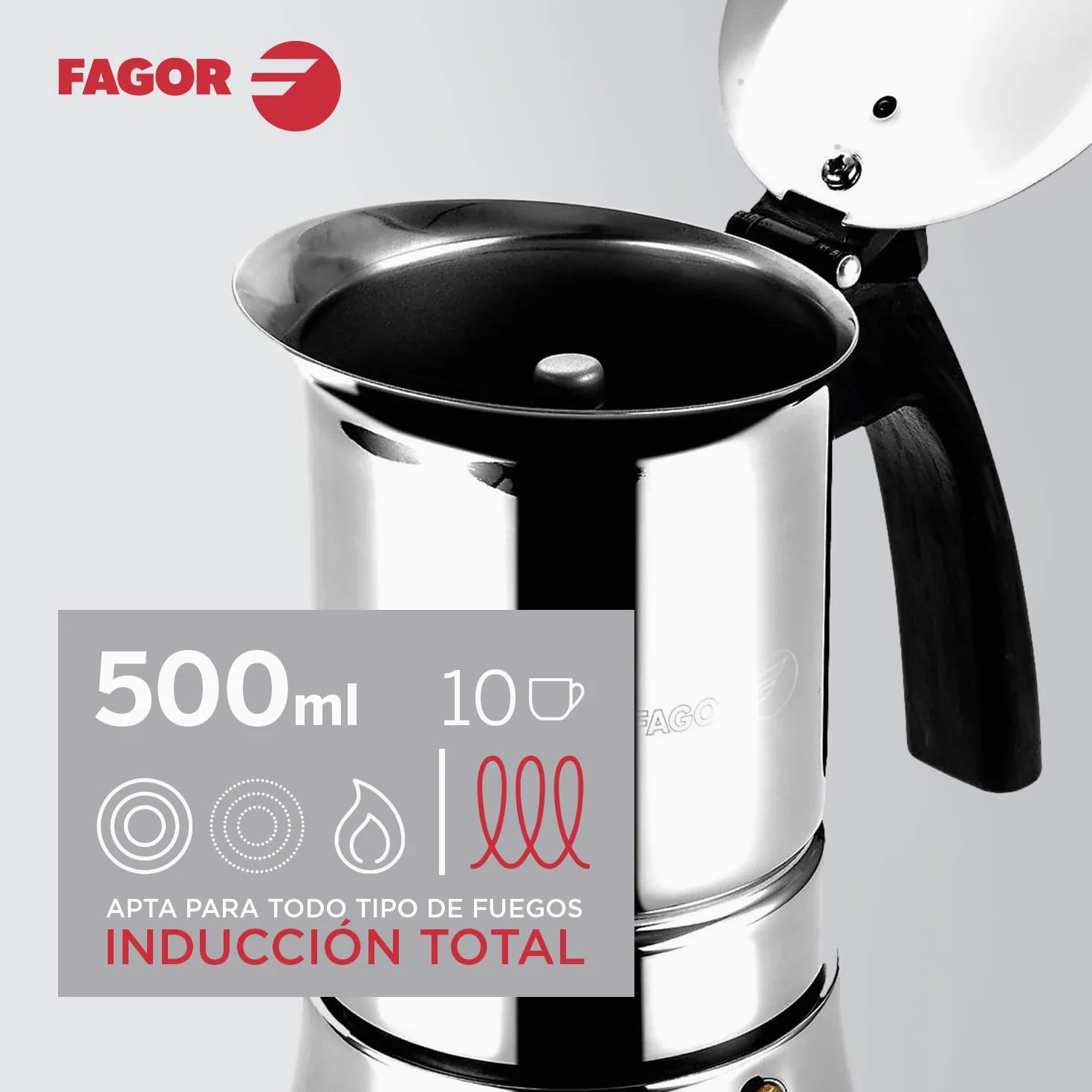 Fagor Etnica - Cafetera Italiana 10 Tazas, 500ml, Acero Inoxidable, Todo Tipo de Cocinas, Inducción, Mango Ergonómicos de Nylon, Café, Moka, Expresso