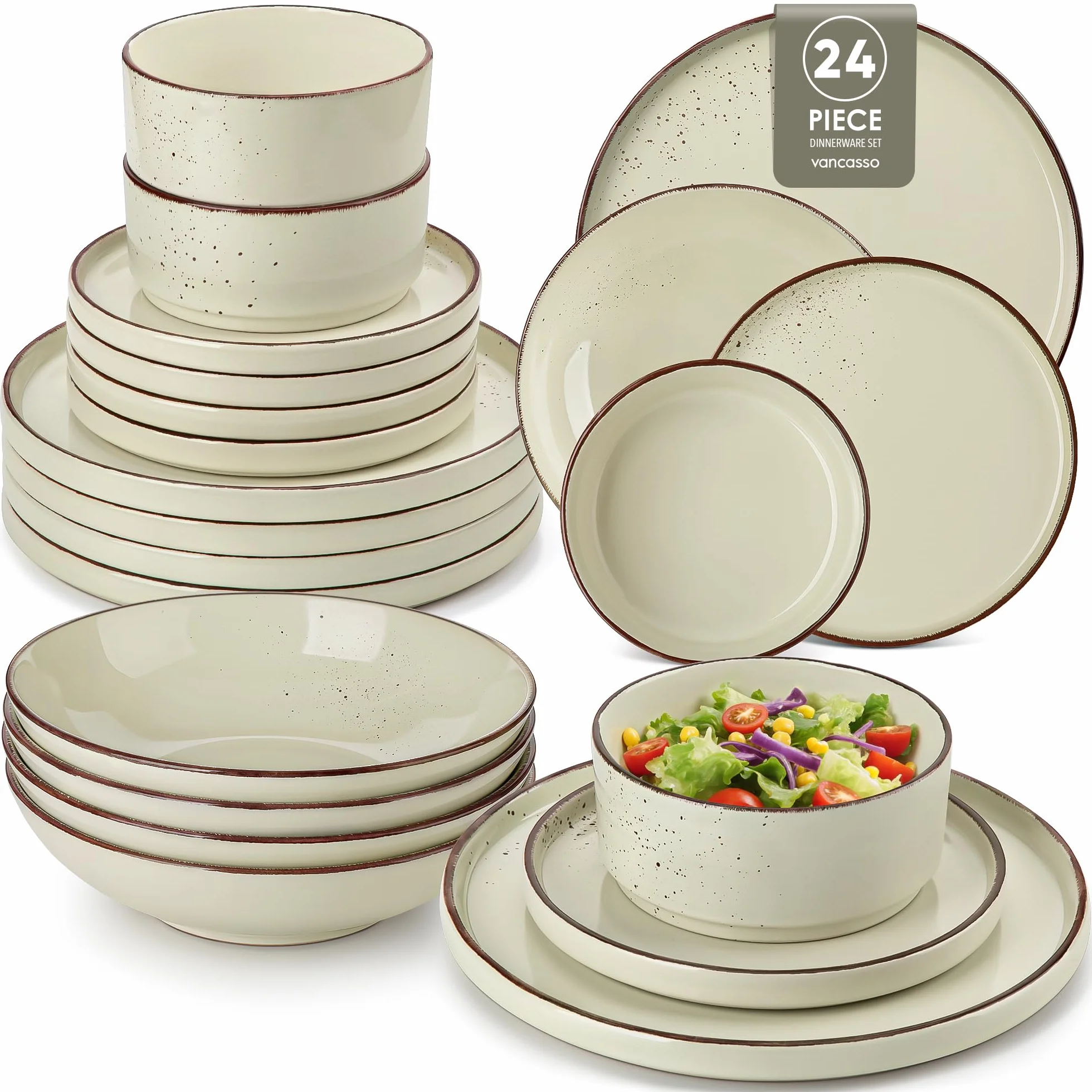 vancasso NAVIA - Vajilla Completa de 24 Piezas para 6 Personas, Platos Vajilla Moderna de Gres - 6 Cuencos Cereales, 6 Postres, 6 Platos Llanos y 6 Hondos - Apto para Microondas y Lavavajillas - Beige