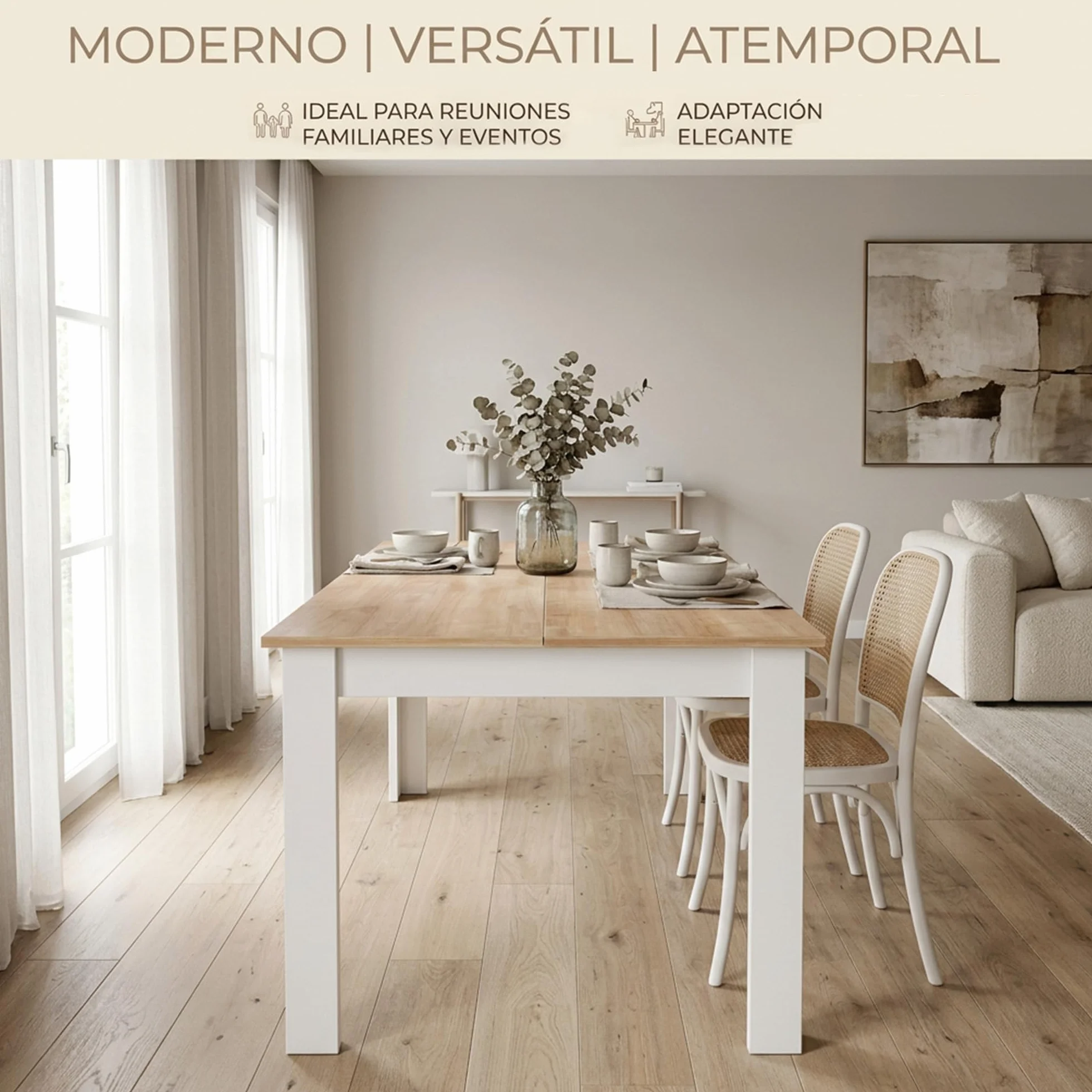 edihome, Mesa Comedor, 138 (Largo) x 90 (Ancho) x 75 (Alto), Modelo Denver, para salón, Cocina, Acabado Blanco y Cambria (Blanco/Madera)