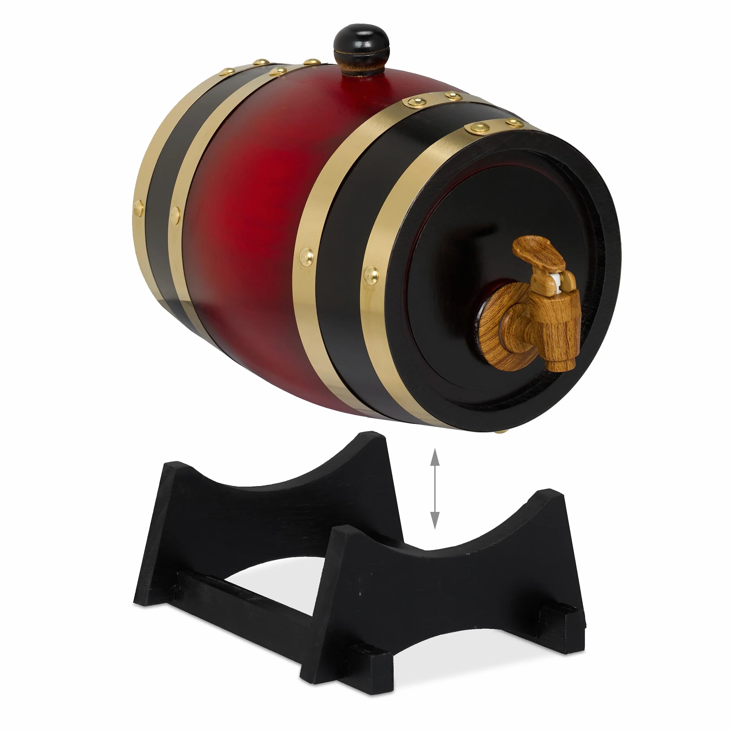 Relaxdays Barril de Madera, con Grifo y Base, Barrica 1,25 L, Dispensador de Whisky, Vino, Sidra, Licores, Rojo/Negro