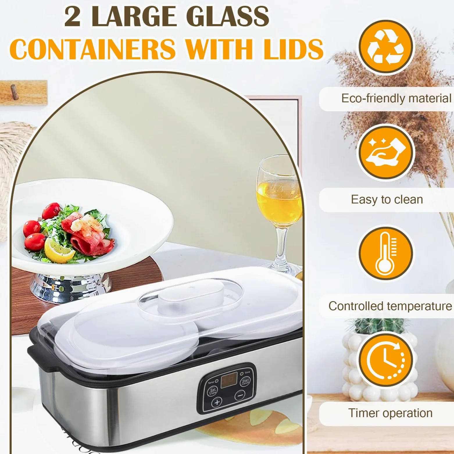 Máquina de yogur probiótico de 2 litros, máquina de yogur con 2 tarros de vidrio, control de tiempo y temperatura ajustable, fabricante de yo-gurt para yogur probiótico casero para postre casero