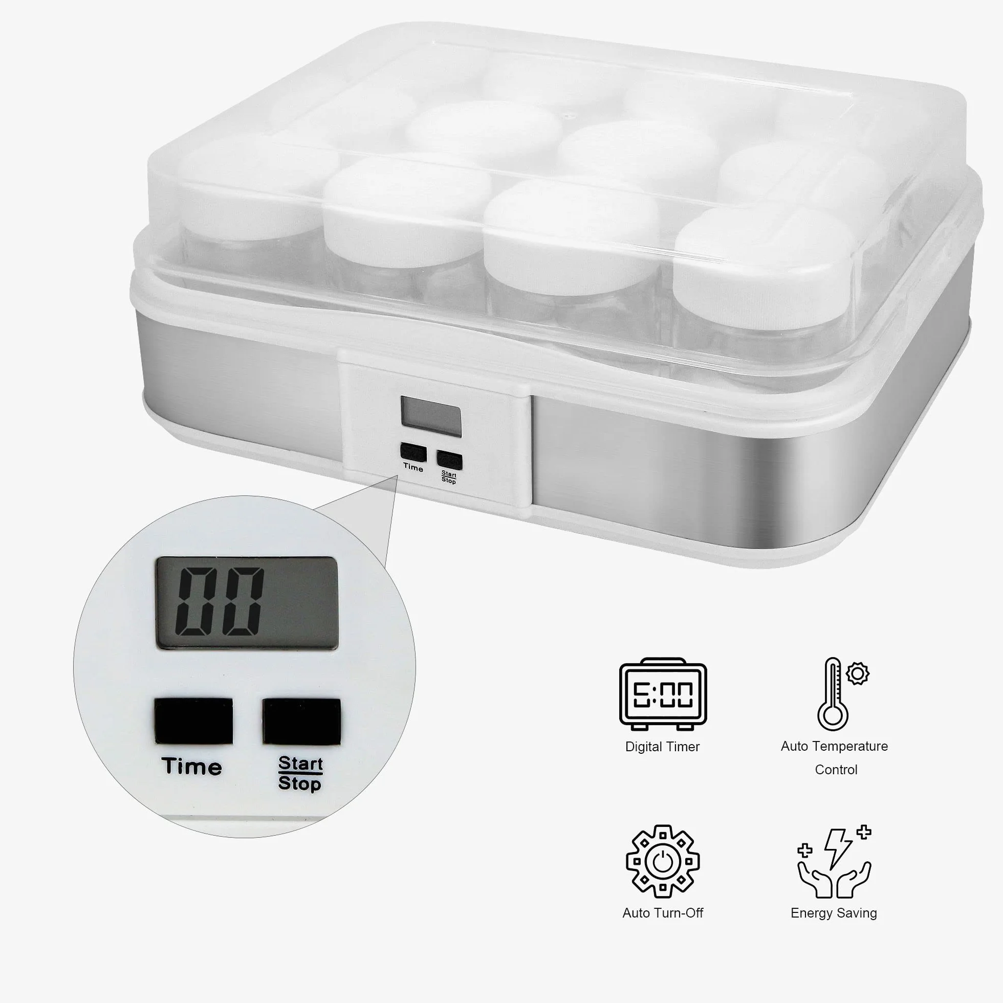 Leogreen - Yogurtera, Máquina para Yogur Natural y Saludable, 12 tarros, con el contador de tiempo, 30,6 x 25 x 12,4 cm, Blanco, Capacidad por frasco: 0,21 L, Ajuste del temporizador: 0-15 horas