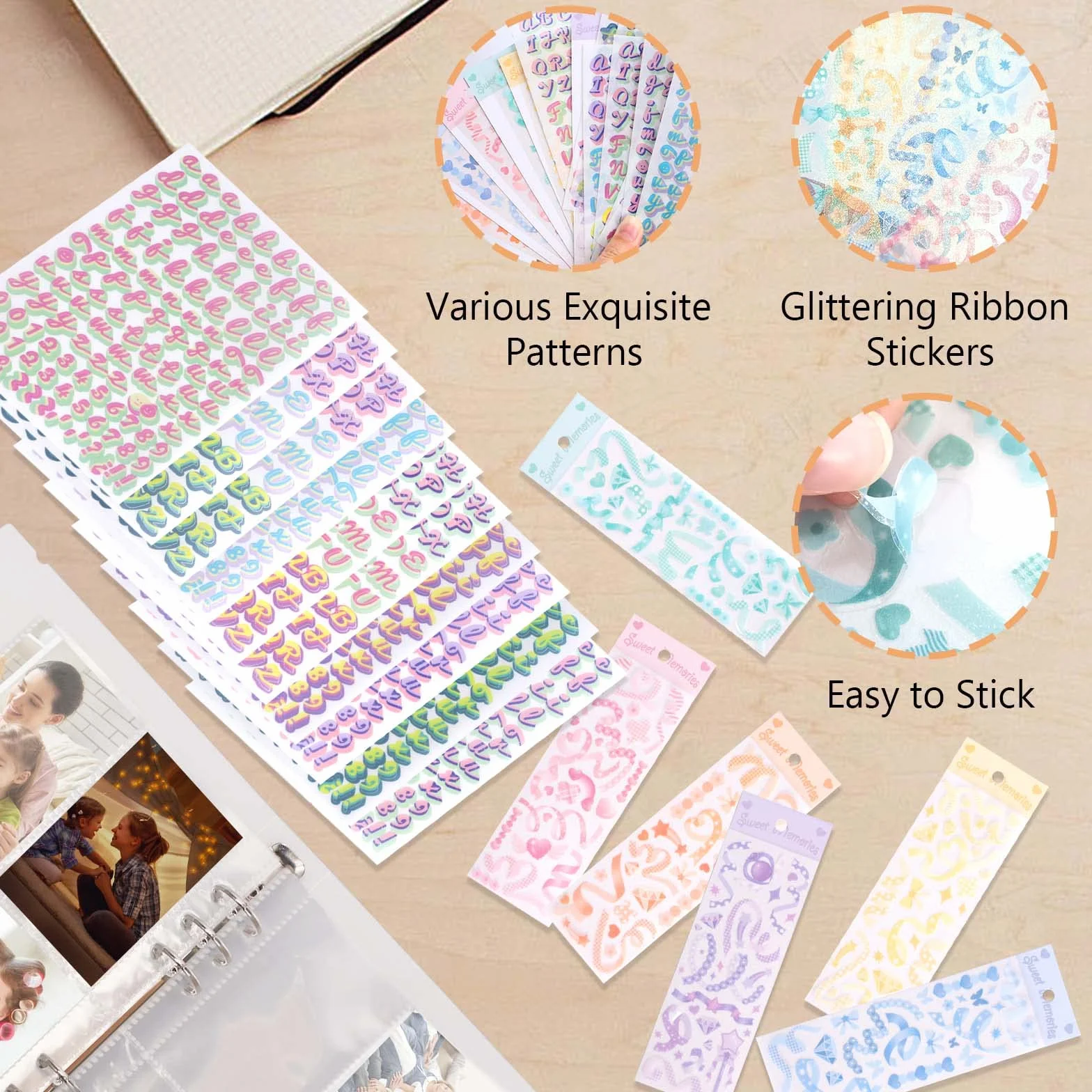 Álbum de Fotos A5 Binder Kpop mini Photocards 4" Archivadores con Anillas Carpeta de 6 Agujeros + 30 Hojas de 4 Compartimentos para Fotos Tarjetas, Sellos con Pegatinas Adhesivos Alfanuméricos