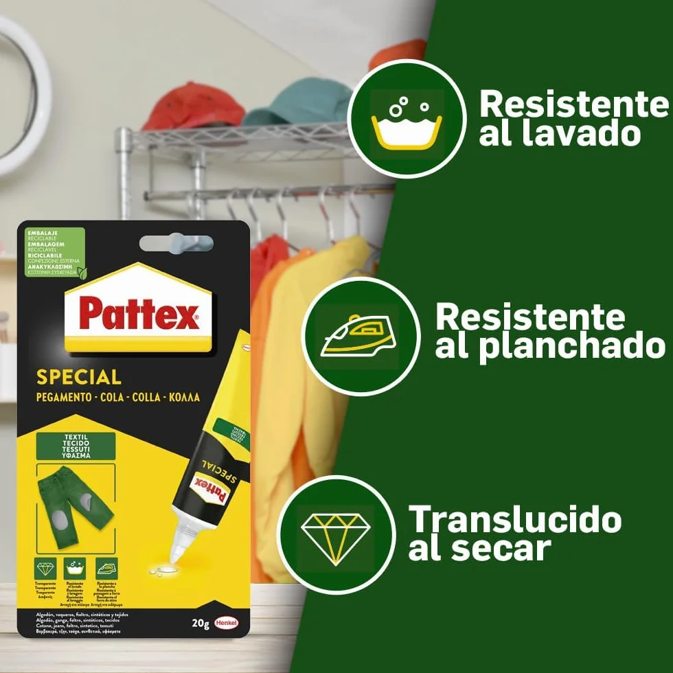 Pattex Special Pegamento Textil, pegamento fuerte resistente al lavado y al planchado, pegamento para tela y tejidos como el cuero o el tejano, secado rápido, transparente, 20 g.