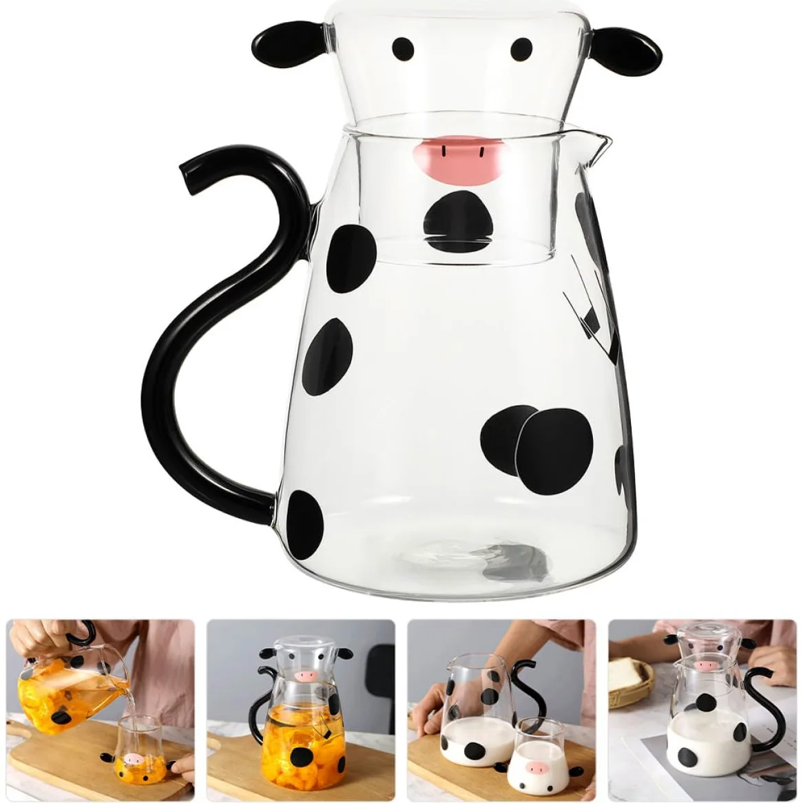 Jarra de Agua Fría de Vidrio Diseño de Vaca 1800 Ml Taza a Juego para Hogar y Restaurante Dispensador de Agua Fría y Jarra de Leche Forma de Cristal para Jugos y Té