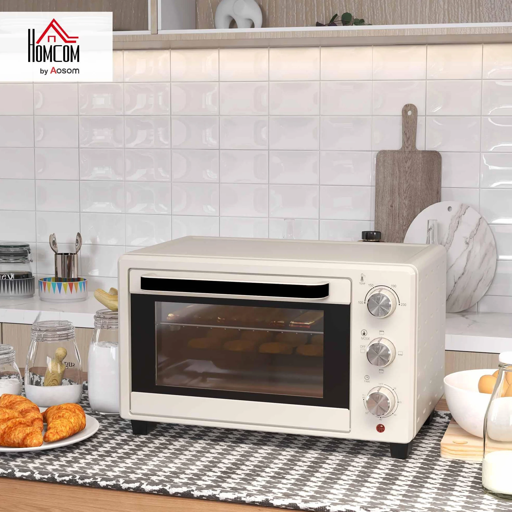 HOMCOM Horno Eléctrico de Sobremesa Horno Sobremesa de 21L 1400W Mini Horno Tostador con Temporizador hasta 60min y Temperatura Regulable hasta 230℃ Crema