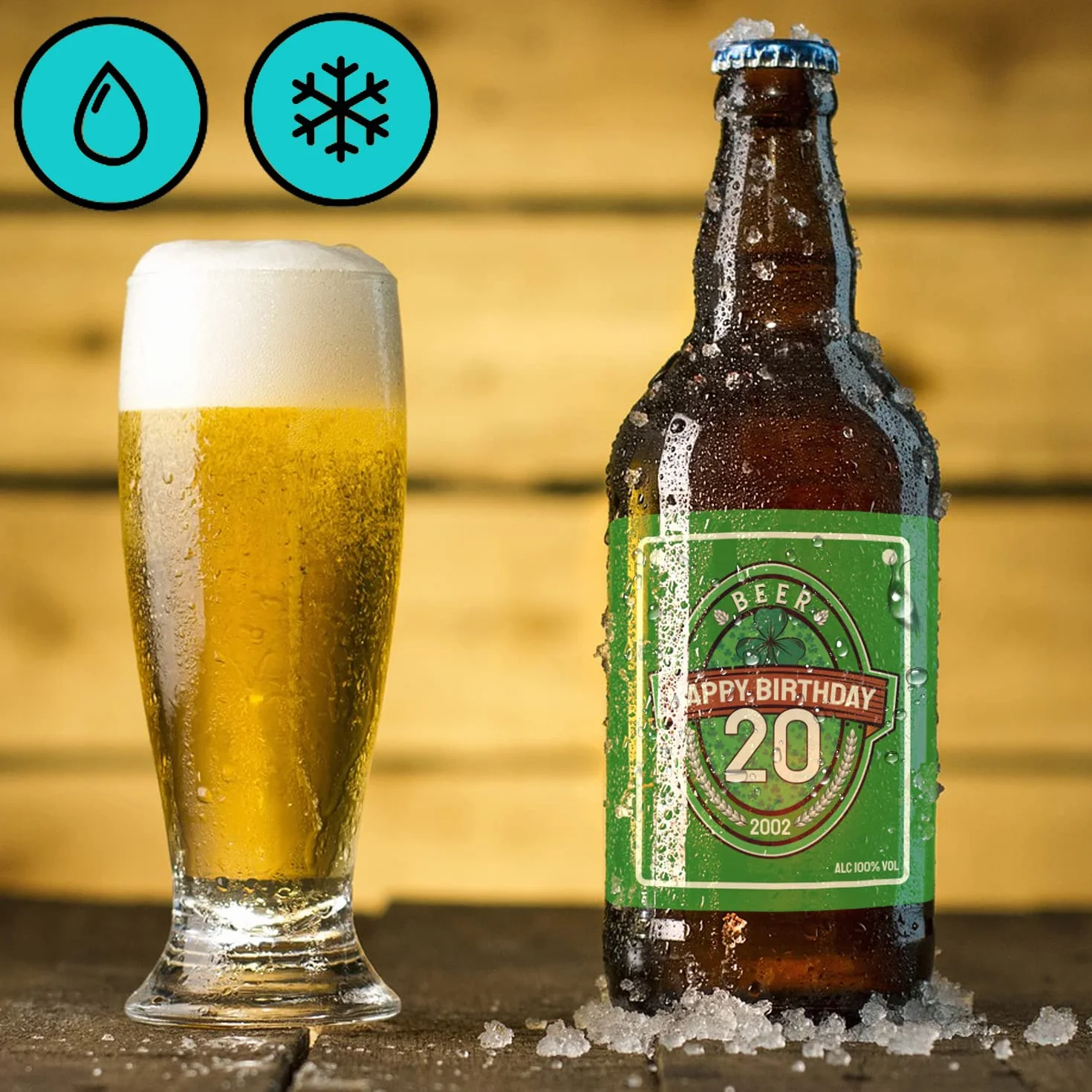 Pack de 6 Etiquetas Personalizadas para Botellas de Cerveza, con Texto y Edad, Pegatinas Pub Irlandés, Resistente al Agua y Hielo, Ideal para Cumpleaños y Fiestas, Tamaño a Elegir: 20cl, 33cl, 1L