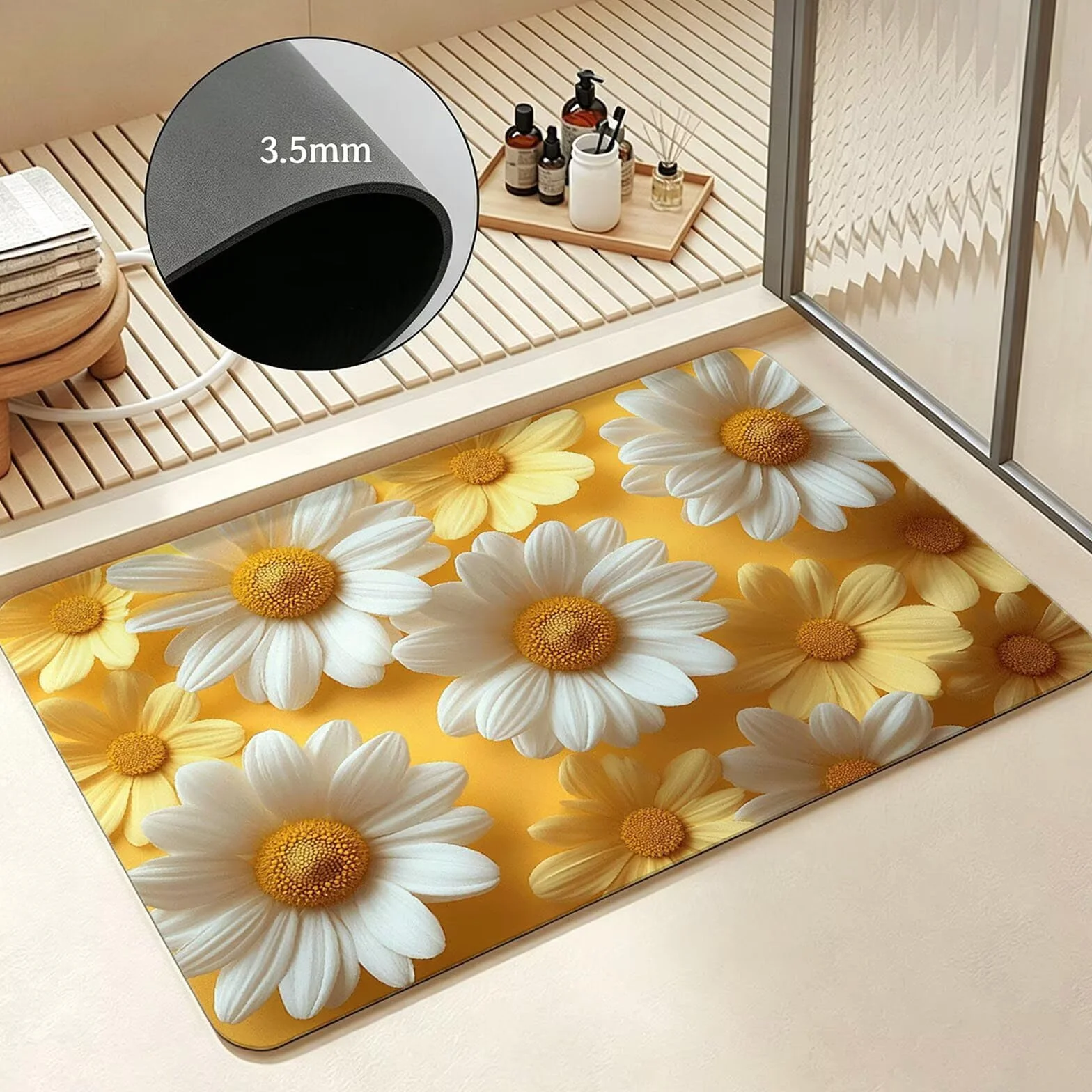 Alfombra Diatomita Baño 60 x 90 cm, Blanco Alfombra Bañera Antideslizante, Ducha Secado Rapido Alfombrilla Baño, Alfombrilla de Baños Lavable, Fácil de Limpiar, para Ducha, Bañera Margarita O-6506
