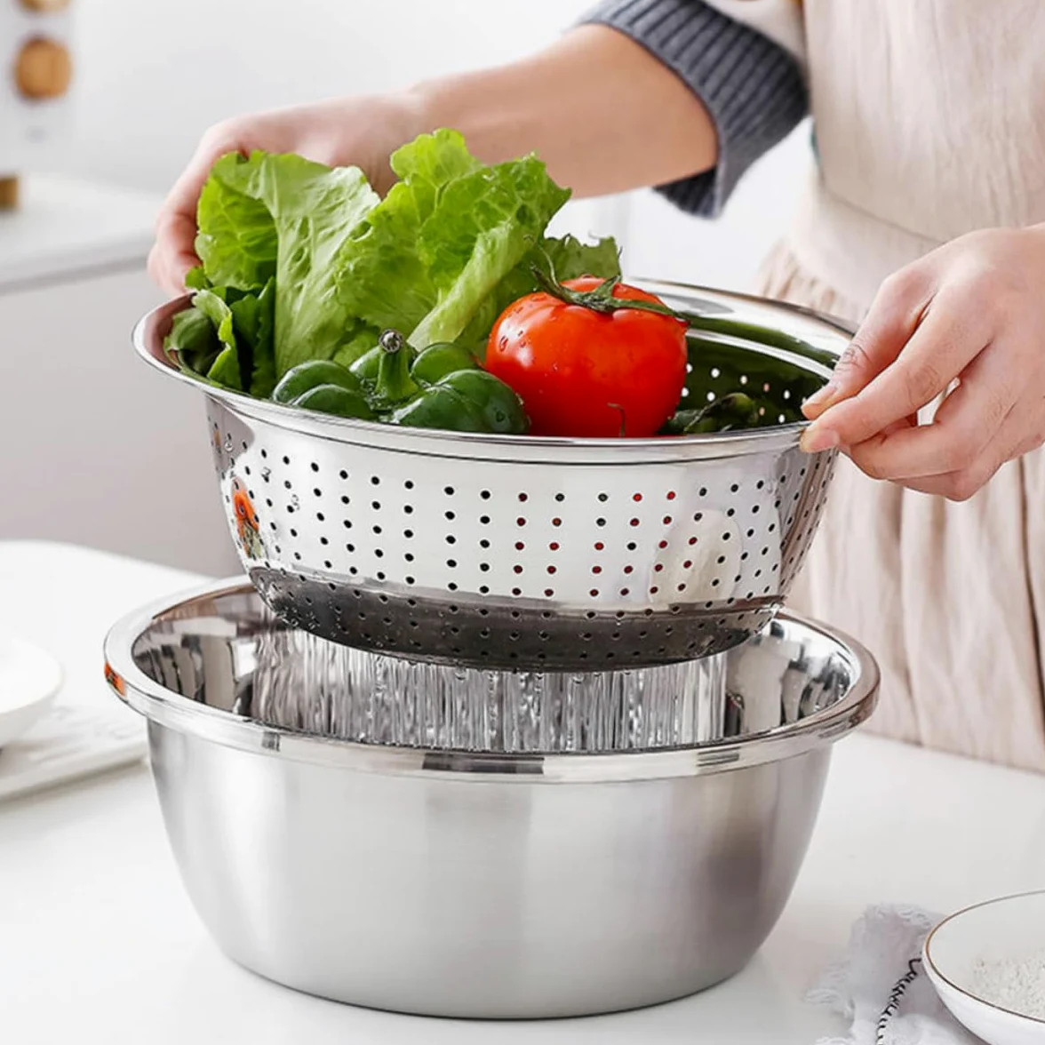 Juego de Coladores de Acero Inoxidable 3 Piezas con Borde Grueso | Plata, Lavado y Cocina Doméstica, Cuenco para Cortar Verduras con Gran Reborde