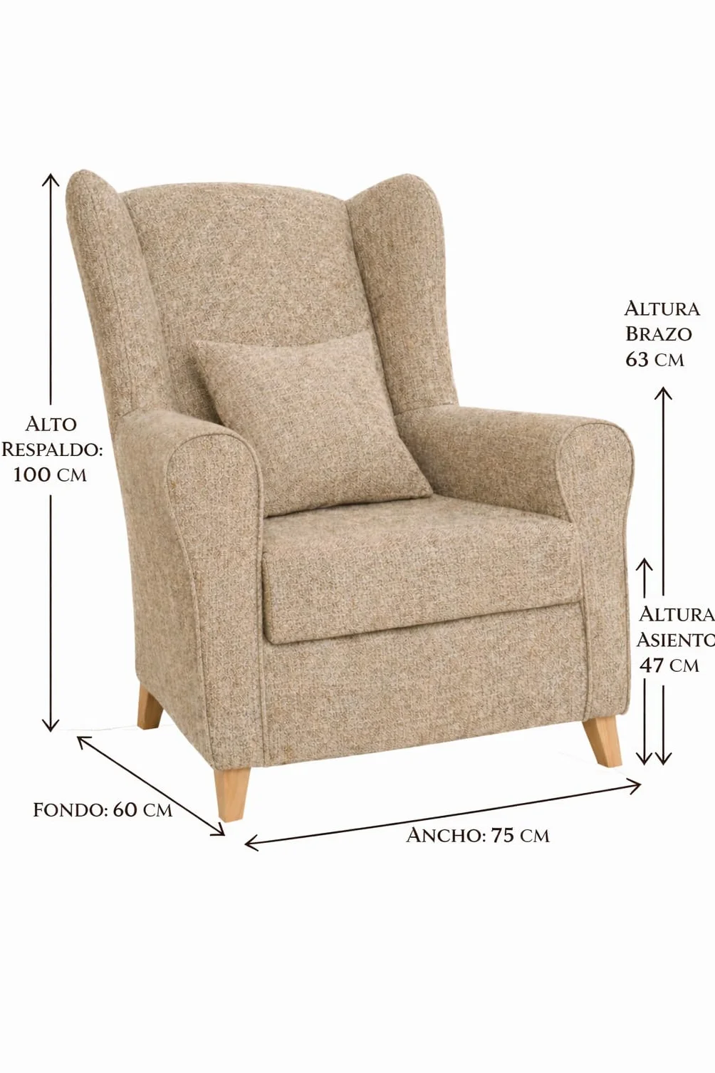 Sillón Orejero para Salón y Dorrmitorio + Cojín Decorativo | Butaca Lectura | Sillones Orejeros con Tela Antimanchas | Fácil Limpieza y Diseño. (MARRÓN)