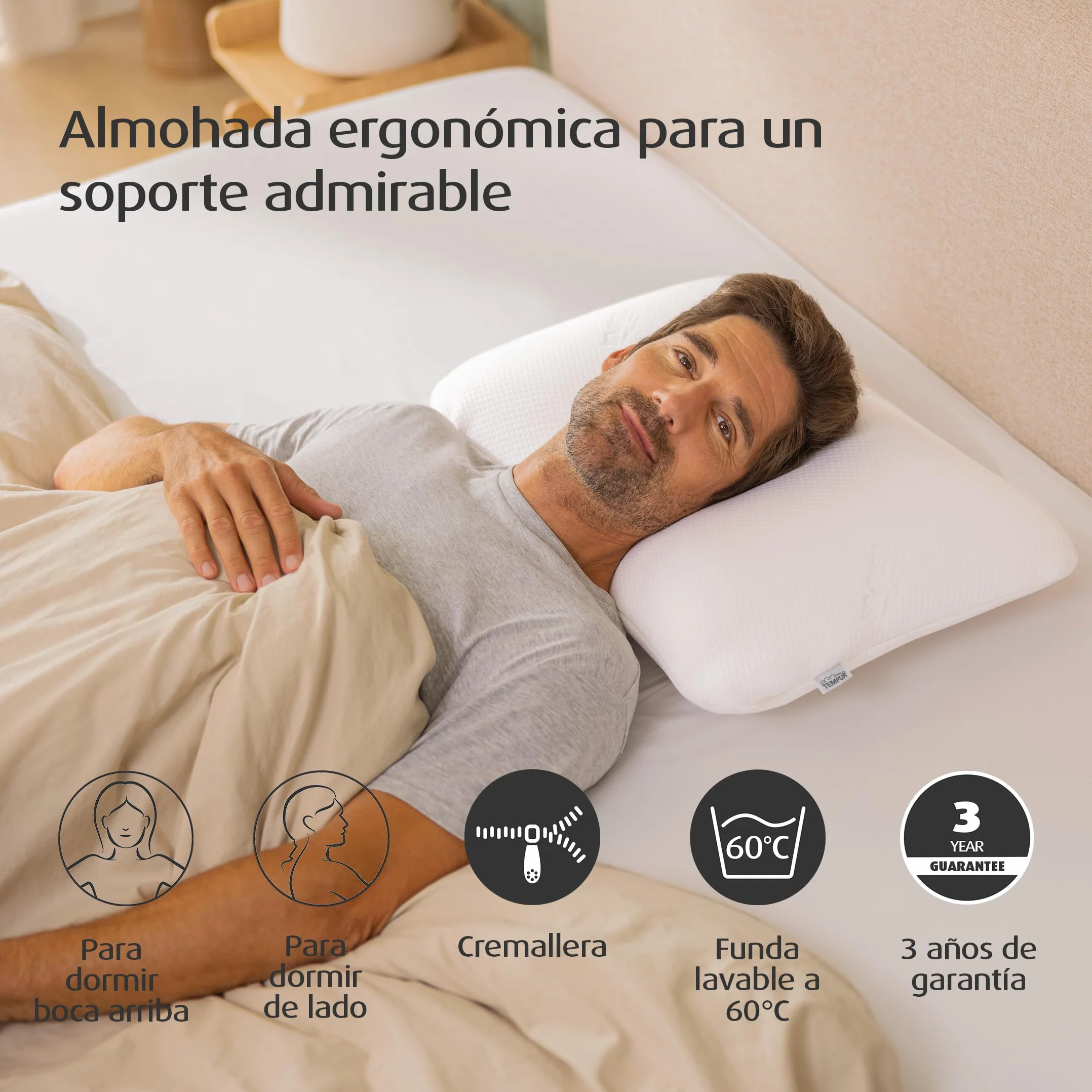 TEMPUR Symphony Almohada de Espuma Viscoelástica, almohada cervical ergonómica para durmientes de espalda y de lado, firmeza, L (63 x 43 x 14 cm), Blanco