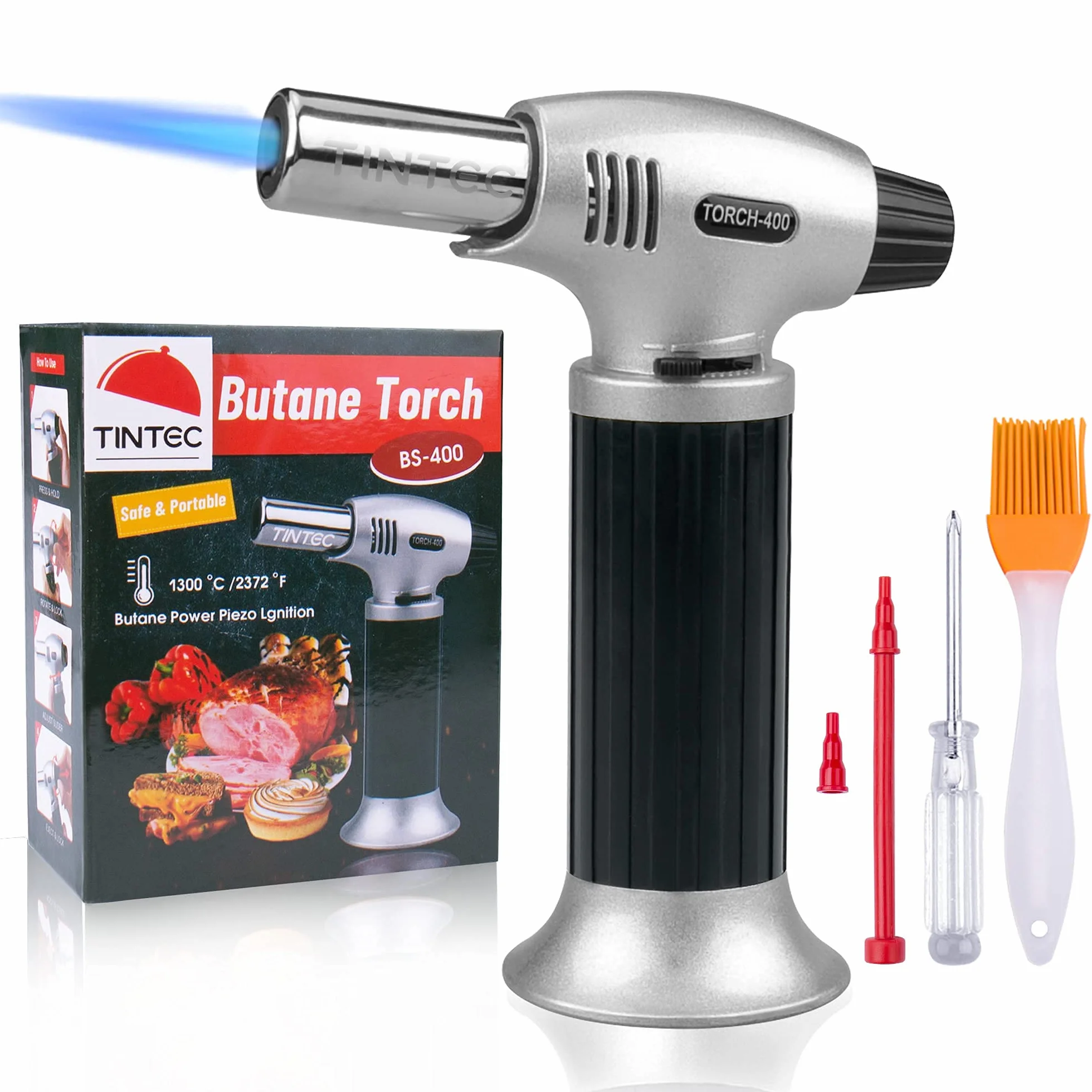 Linterna culinaria de soplado, encendedor de cocina Tintec Chef, recargable con butano, ajustable a llama (máx. 2500 °F) con bloqueo de seguridad para cocinar, barbacoa, hornear, bruleo, crema,