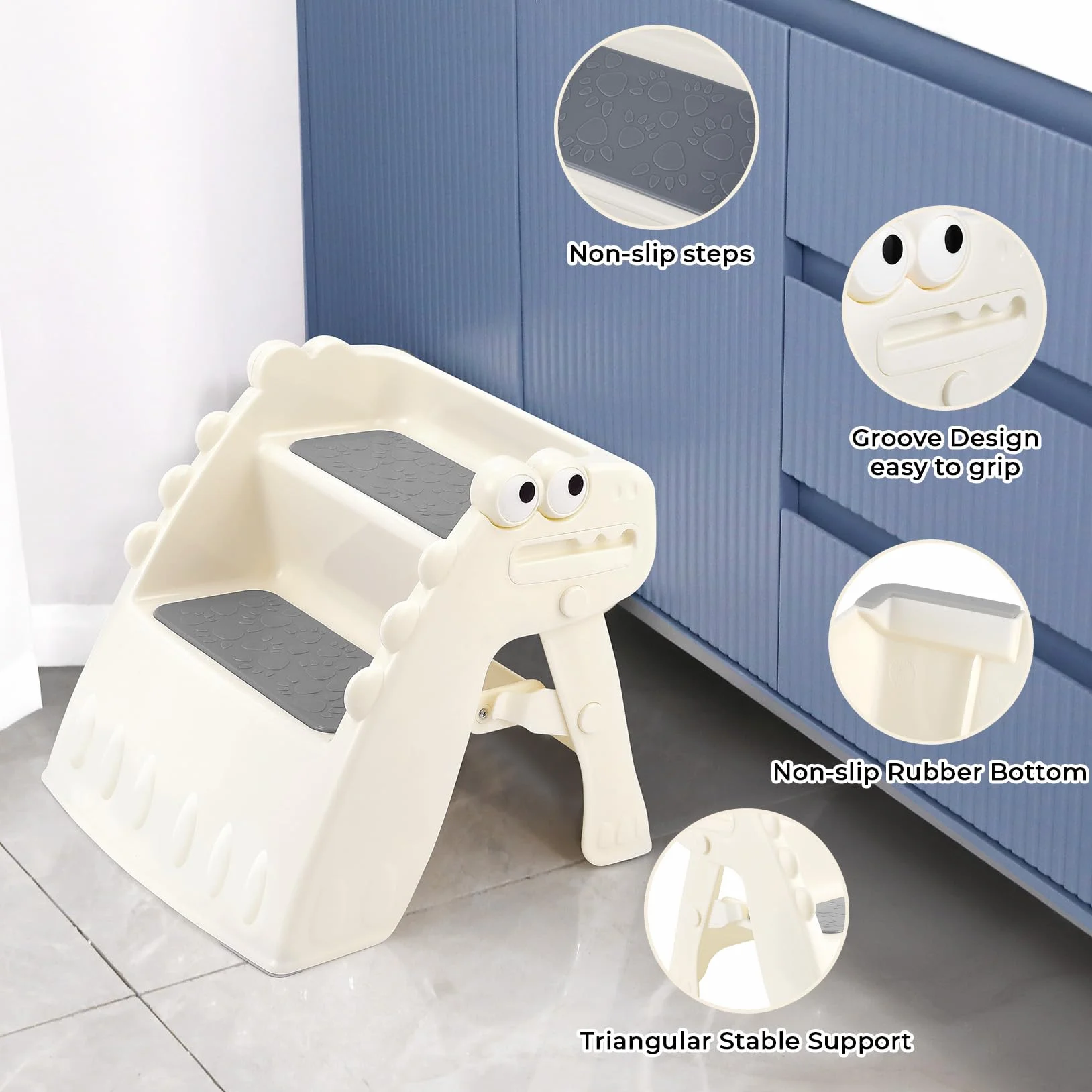 Onasti Taburete Plegable para Niños con Escalón Antideslizante 2 Pasos, Diseño Dinosaurio Blanco