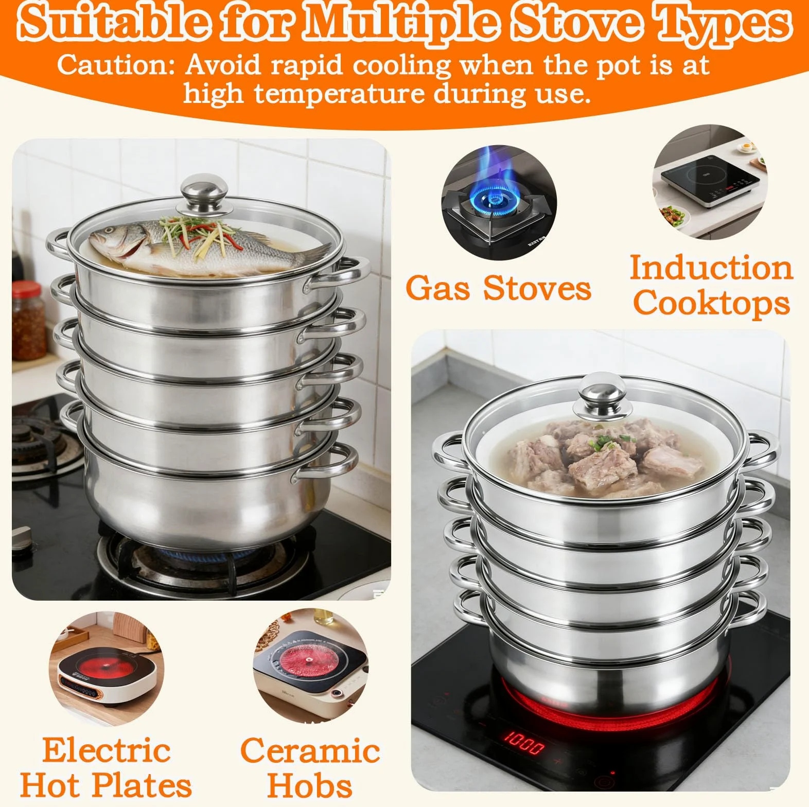 Vaporera Acero Inoxidable con Tapa Vristal, Olla Presión Verduras Grande Hogar 5 Capas Duradera, Ollas Vaporera Cocinar Vapor Cocinar Vapor Steamer Cooking para Cocinar Verduras Mariscos Sopas Guisos