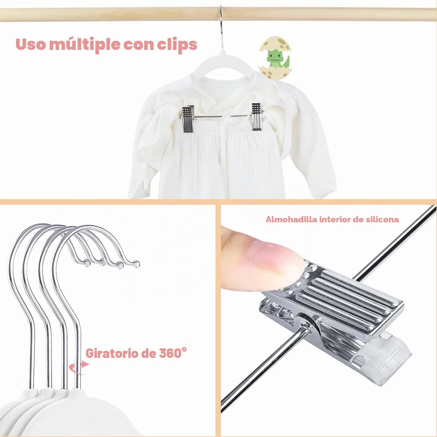 Perchas Infantiles 30 cm Terciopelo Clips Ajustables Antideslizantes Paquete 16 Blanco