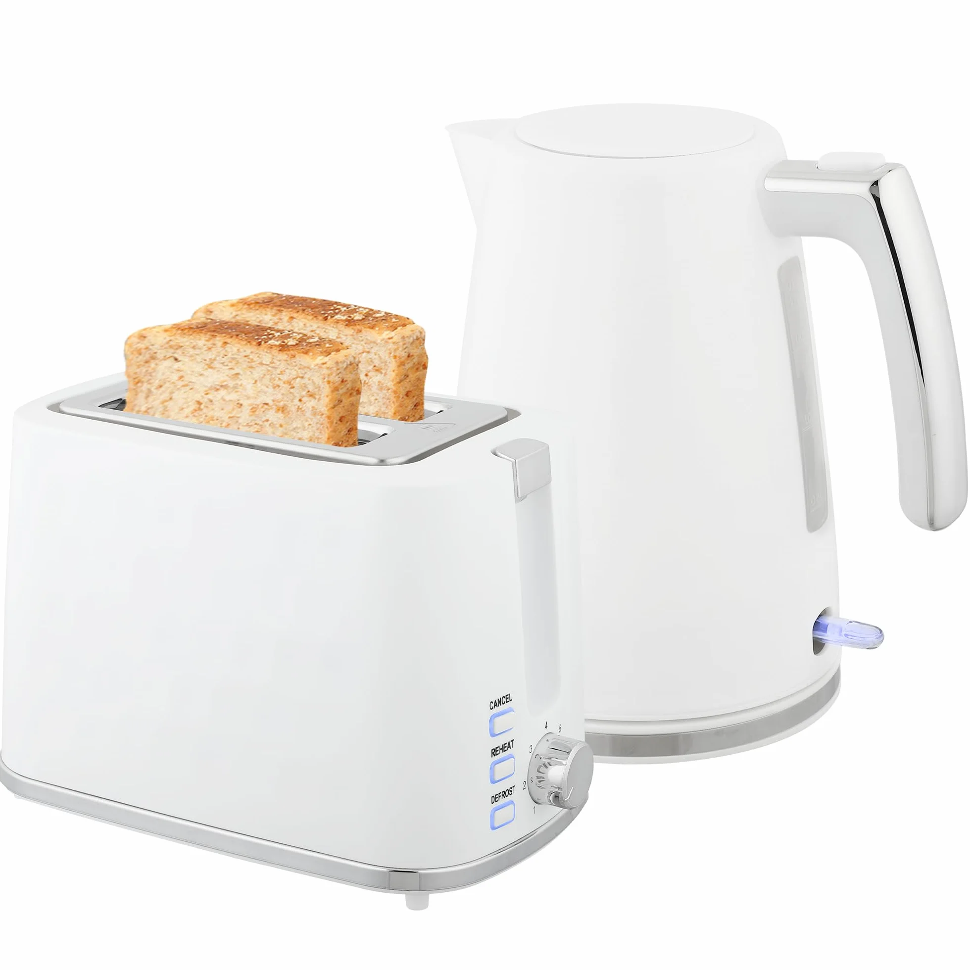 HOMCOM Juego de desayuno tostador de 2 rebanadas y ranura ancha con 7 niveles de tostado y bandeja recogemigas, Hervidor eléctrico de 1,7L 2200W con termostato Otter y filtro antical, Blanco