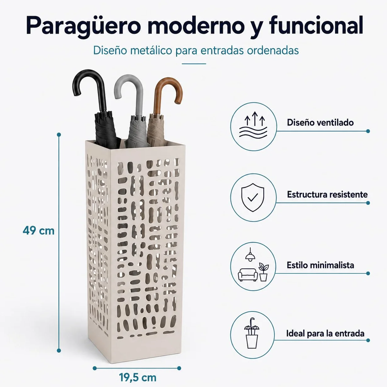 NORDIQ Paraguero Metálico Diseño Lineal Beige Elegante y Funcional para Entrada Oficina