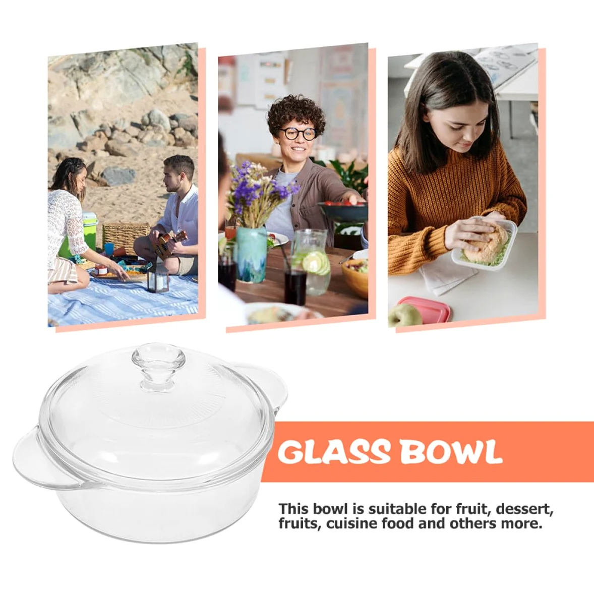 Bol de Ensalada de Vidrio Resistente al Calor 1.7l con Tapa Transparente Fácil de Limpiar y Apilable para Cocina y Hogar