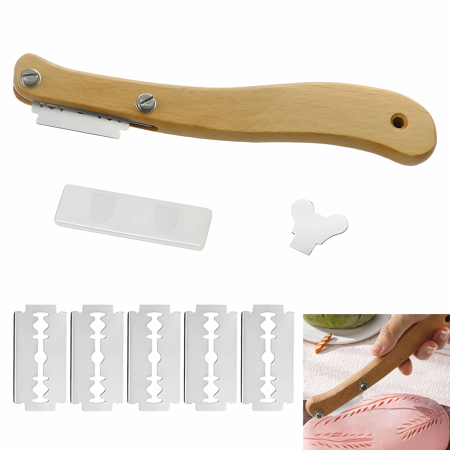 Cuchillo de panadero, cuchillo para baguette, herramienta para cortar masa con 5 hojas, juego de cuchillas para cortar masa, para marcar baguettes, grabado de patrones de pan, cortes curvos p