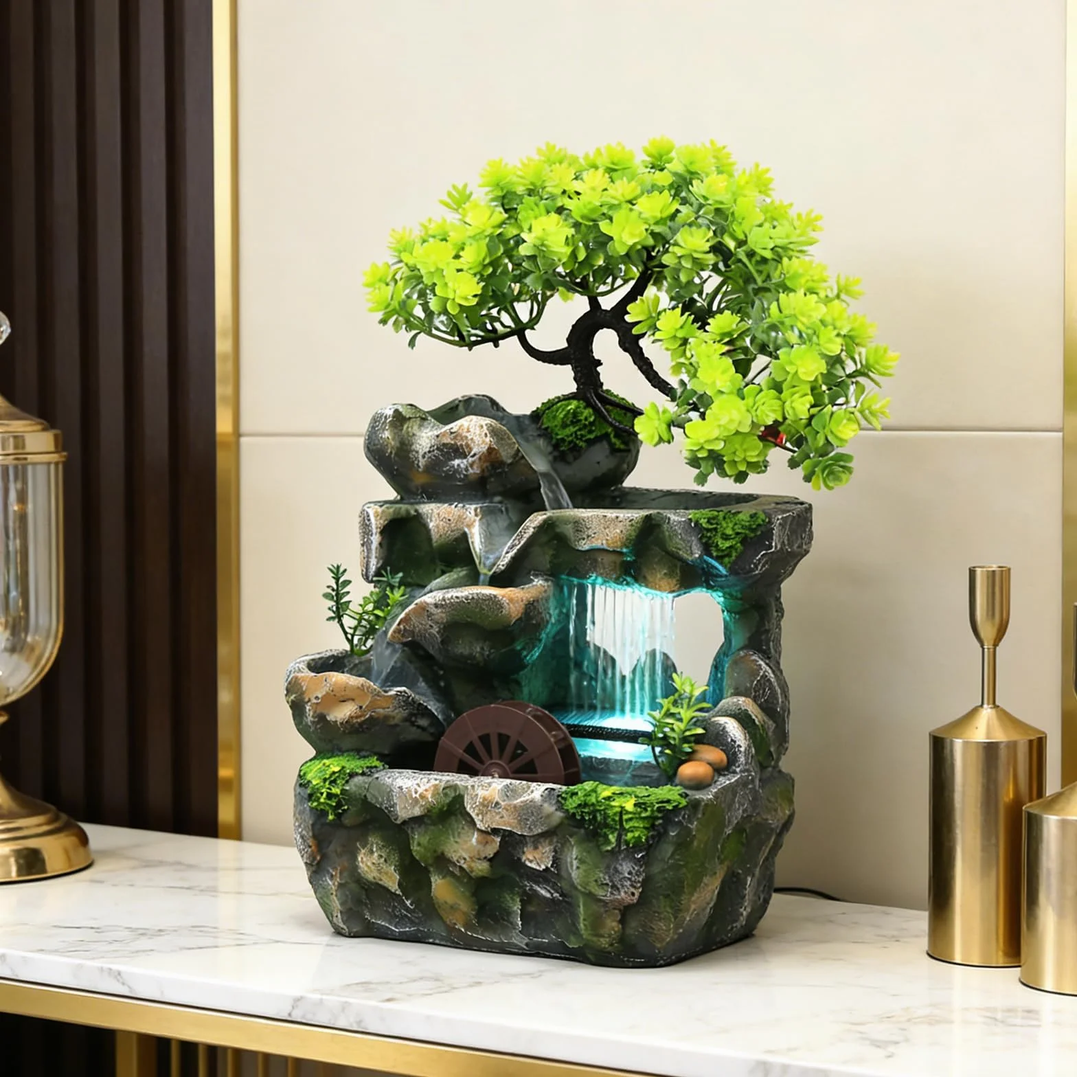 Fuente Agua Decorativa, Fuente de Interior con Iluminación LED Fuente de Mesa de Resina Cascada de Meditación Zen con Rueda Feng Shui Bomba Silenciosa Decoración de Mesa para Escritorio