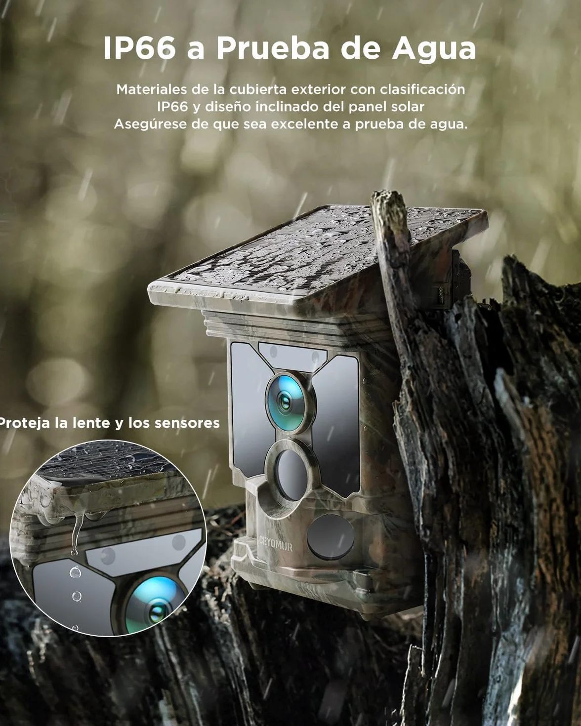 CEYOMUR Cámaras de Caza Solar 68MP 4K 30fps WiFi Bluetooth IP66 Impermeable Visión Nocturna 5200mAh