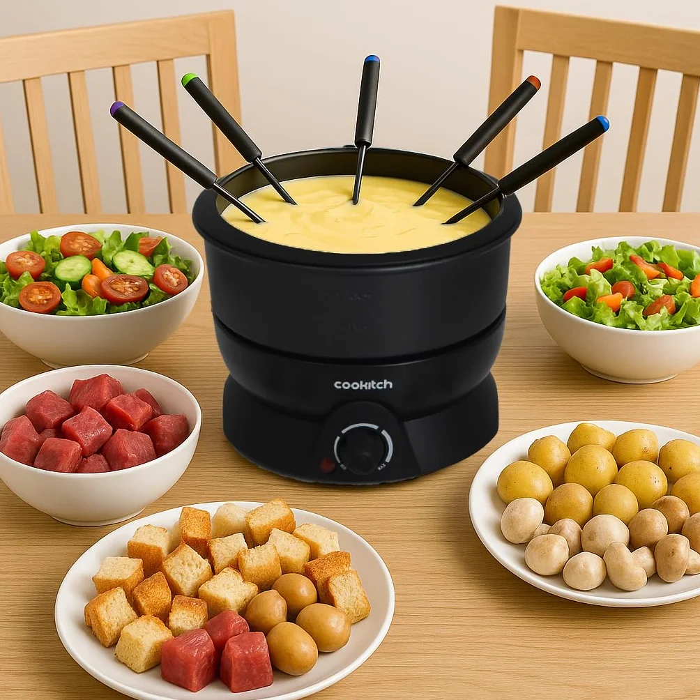 Fondue Eléctrico para 6 Personas, Fondue para Queso, Chocolate, Carne, Caldo y Más, Capacidad de 1.3L, Antiadherente, Termostato Regulável