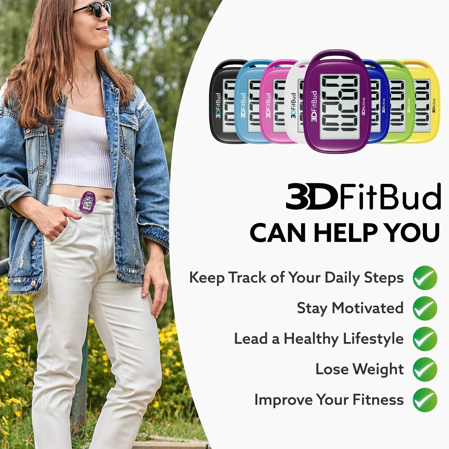 3DActive 3DFitBud Contapassi 3D z Klipsem i Smyczą - Precyzyjny Traktor Kroków z Wyświetlaczem A420S